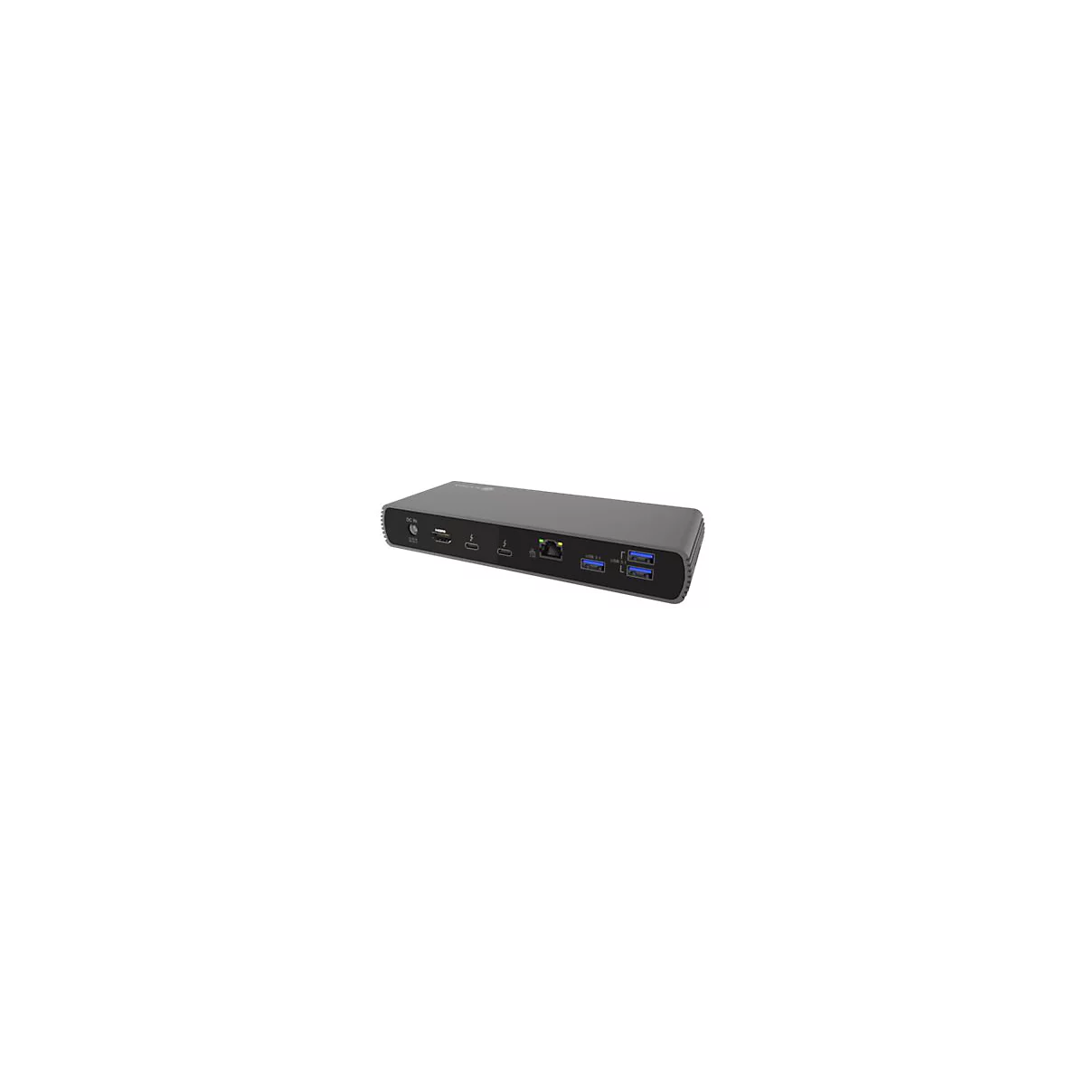 Graue Dockingstation mit AnschlÃ¼ssen, wie USB und Ethernet.