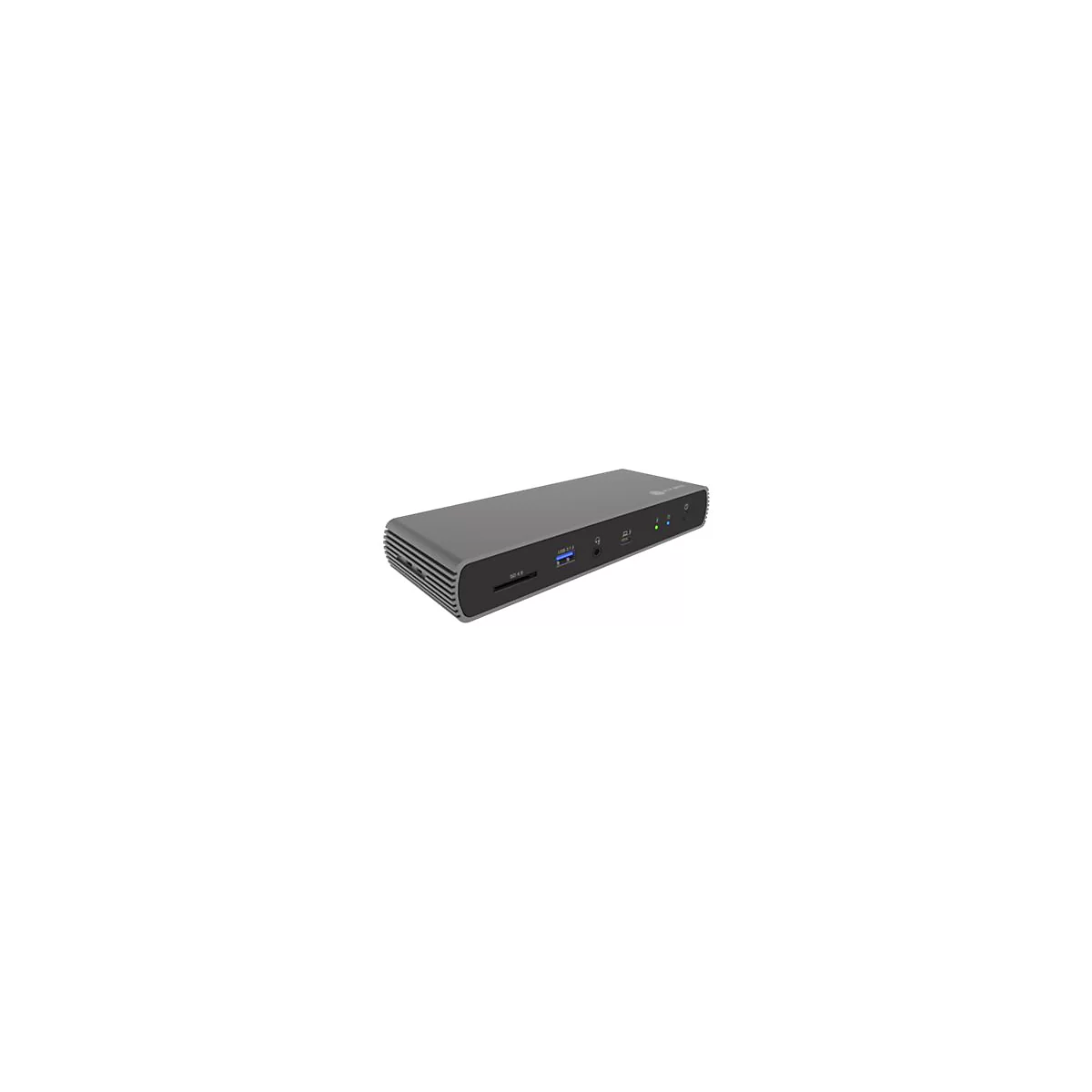 Graue Dockingstation mit SD-Karten-Slot, USB-AnschlÃ¼ssen, KopfhÃ¶reranschluss und Kontrollleuchten auf weiÃŸem Hintergrund.