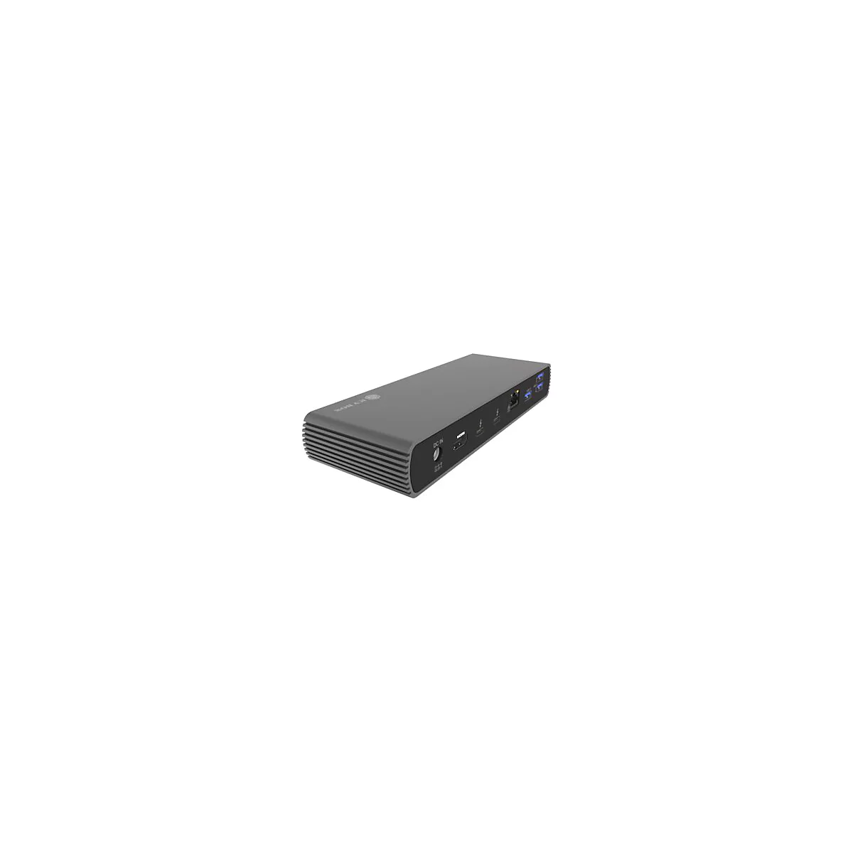 Grauer Dockingstation mit AnschlÃ¼ssen. Auf der Vorderseite: Ein- und AusgÃ¤nge, AnschlÃ¼sse. Auf der RÃ¼ckseite: USB-Ports und andere AnschlÃ¼sse.