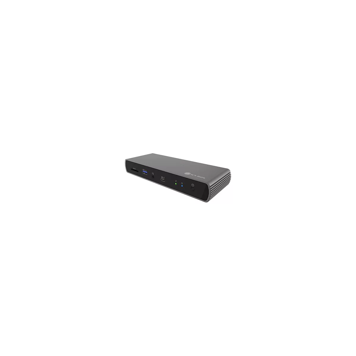Graue Dockingstation mit AnschlÃ¼ssen und einem Logo. Auf der OberflÃ¤che sind AnschlÃ¼sse fÃ¼r USB, Audio, SD-Karte und Stromversorgung zu sehen.
