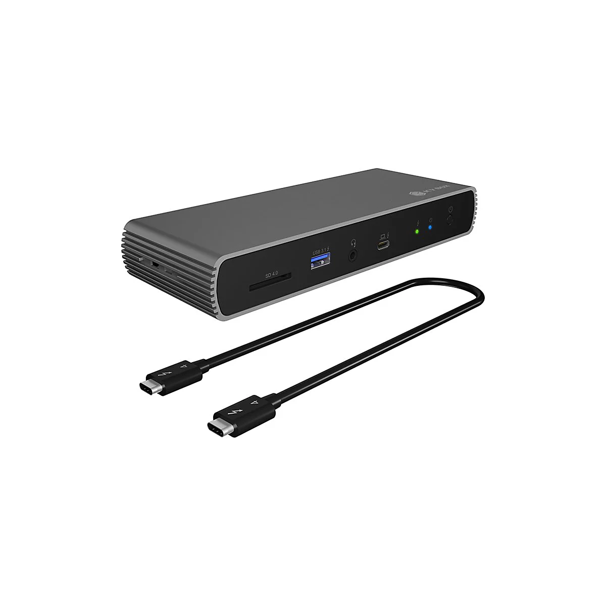 Grauer USB-C-Dockingstation mit zwei schwarzen Kabeln. Auf der Vorderseite befinden sich AnschlÃ¼sse und eine SD-Karte.
