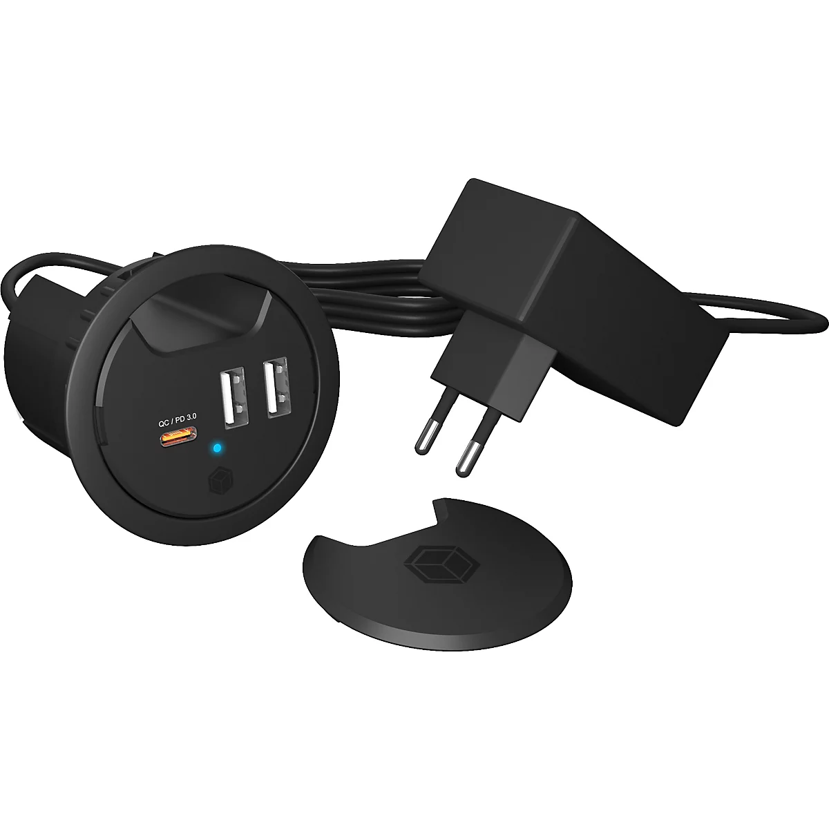 Station de recharge USB noir avec deux ports, adaptateur secteur et couvercle.