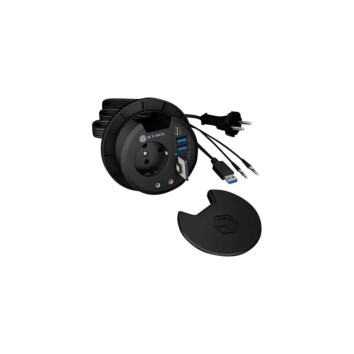 Schwarze Tischsteckdose mit USB-AnschlÃ¼ssen, Klinken- und Stromanschluss, Deckel daneben.