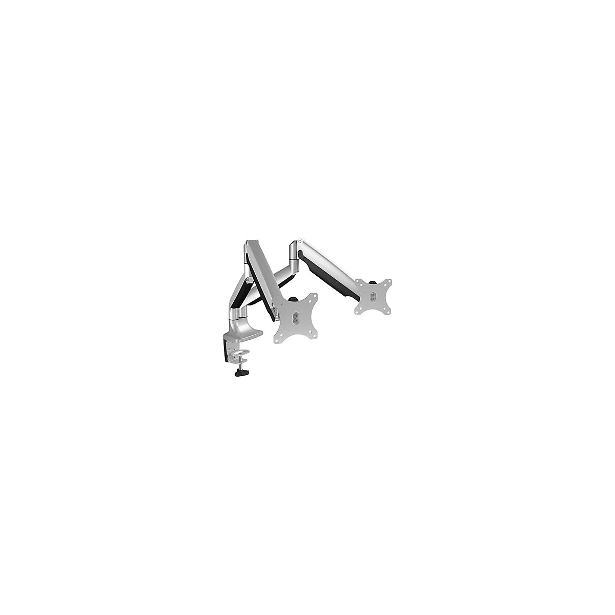 Support de moniteur Ã  deux bras, couleur argent, sur fond blanc.