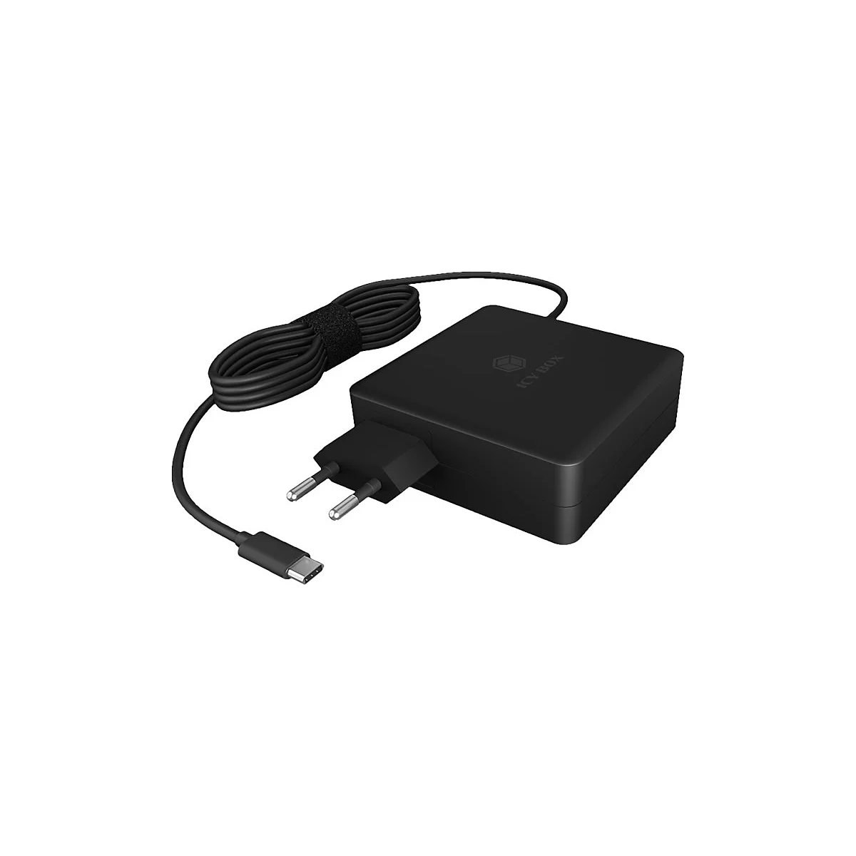 Schwarzes Netzteil mit Kabel und Stecker, Logo ICY BOX ist sichtbar.
