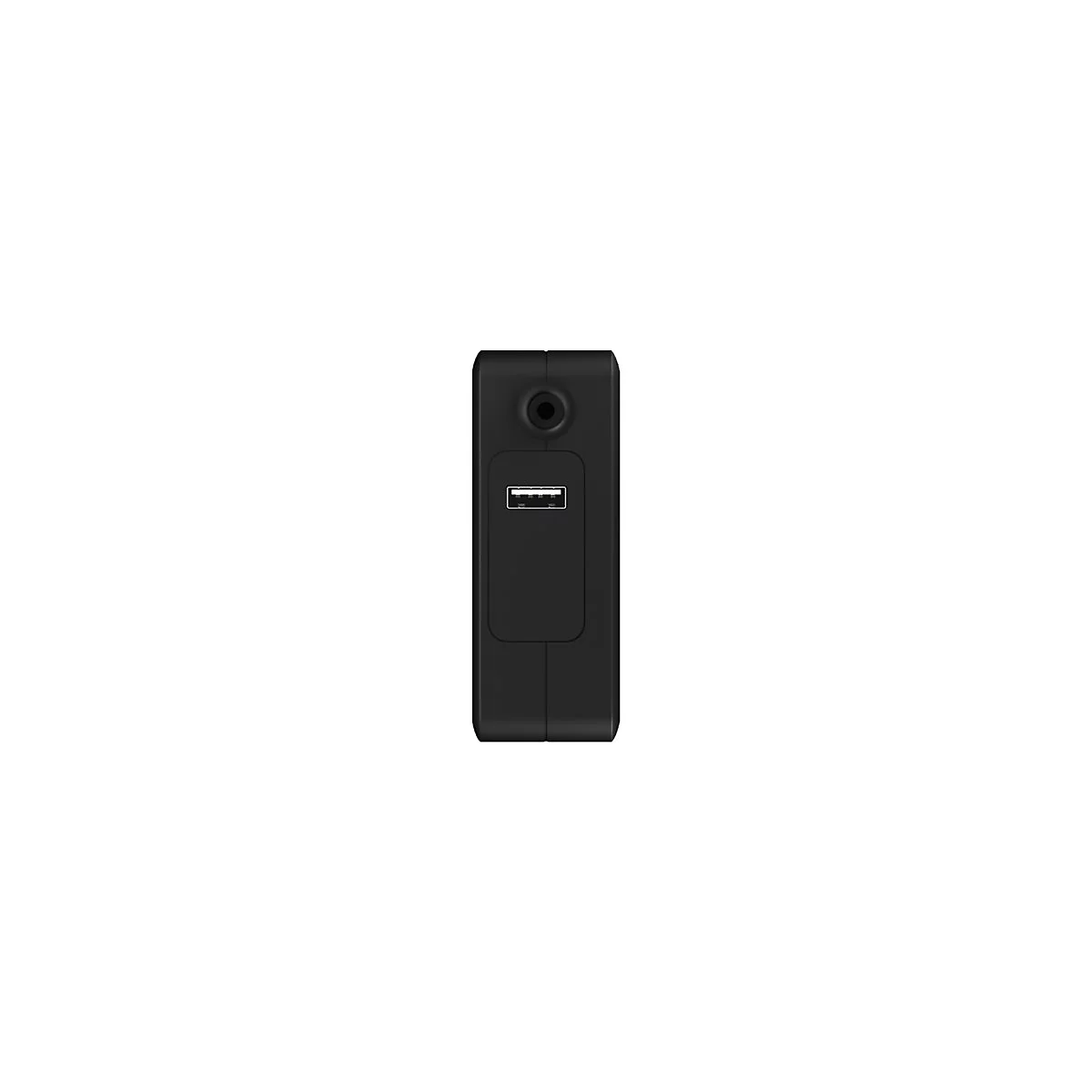 Schwarzes, rechteckiges GerÃ¤t mit USB-Anschluss und Audio-Eingang. Auf weiÃŸem Hintergrund.