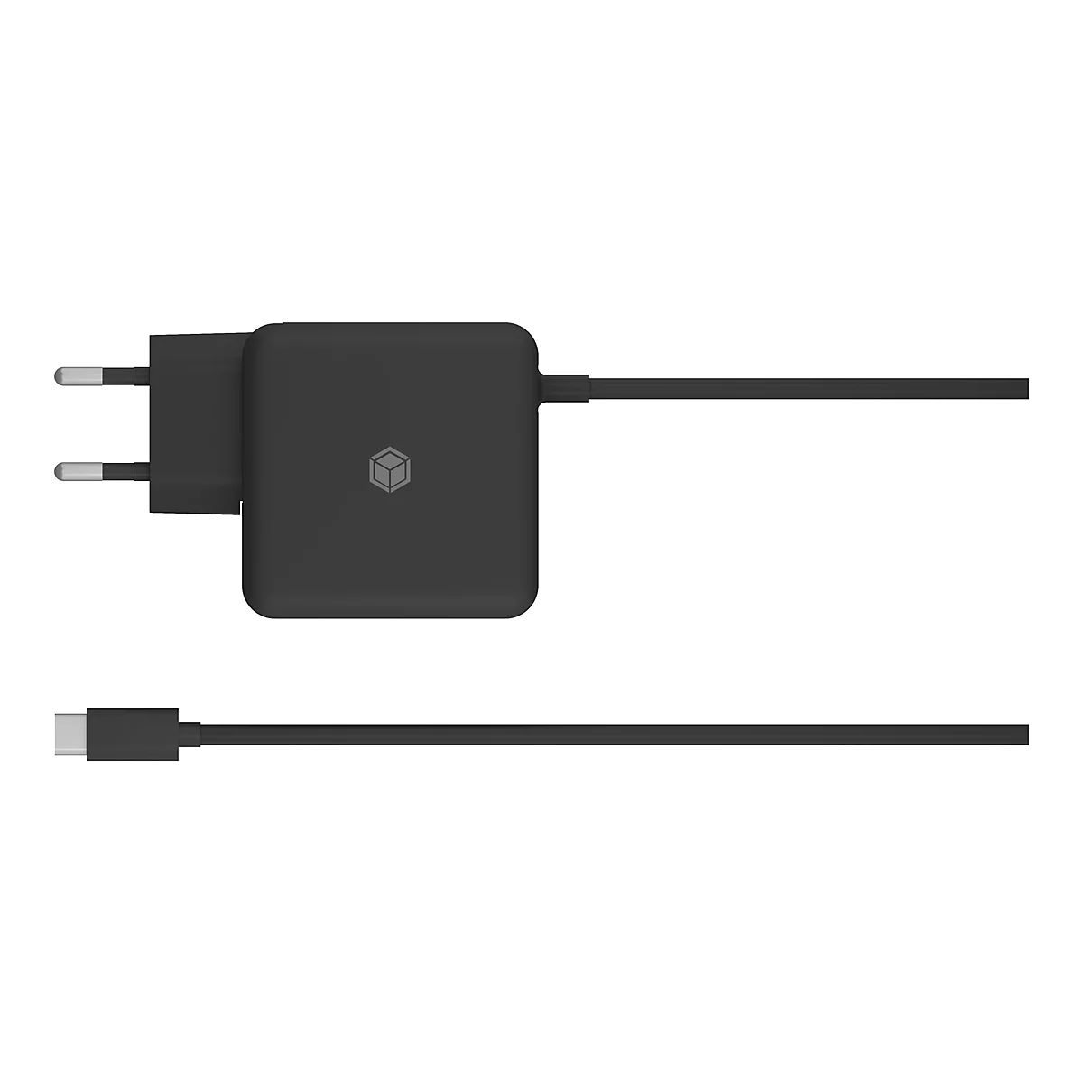 Schwarzes Ladegerät mit Stecker, und USB-C Kabel. Auf dem Ladegerät ist ein Logo in Form eines Würfels.