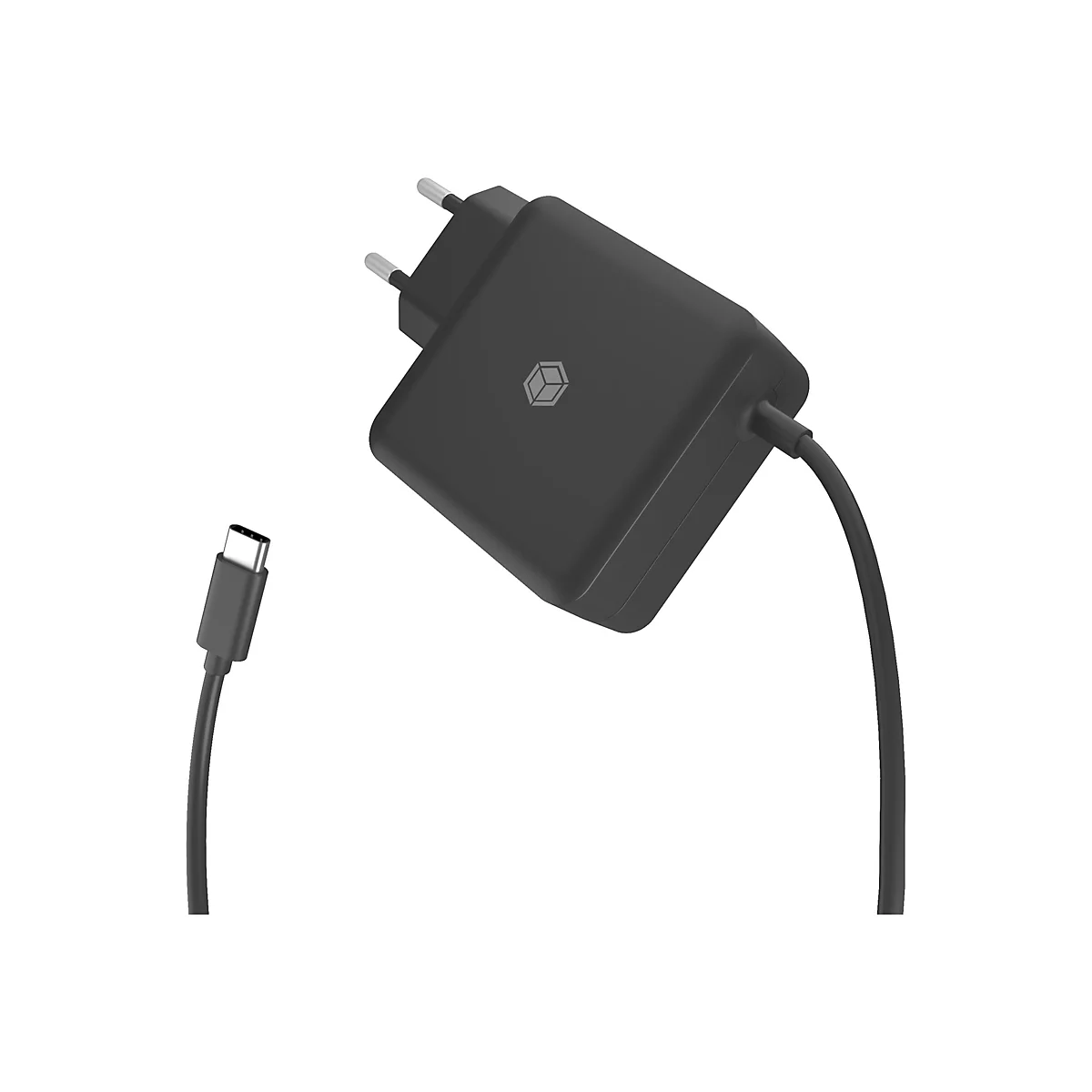 Schwarzes Ladegerät mit USB-C-Anschluss, isoliert auf weißem Hintergrund.