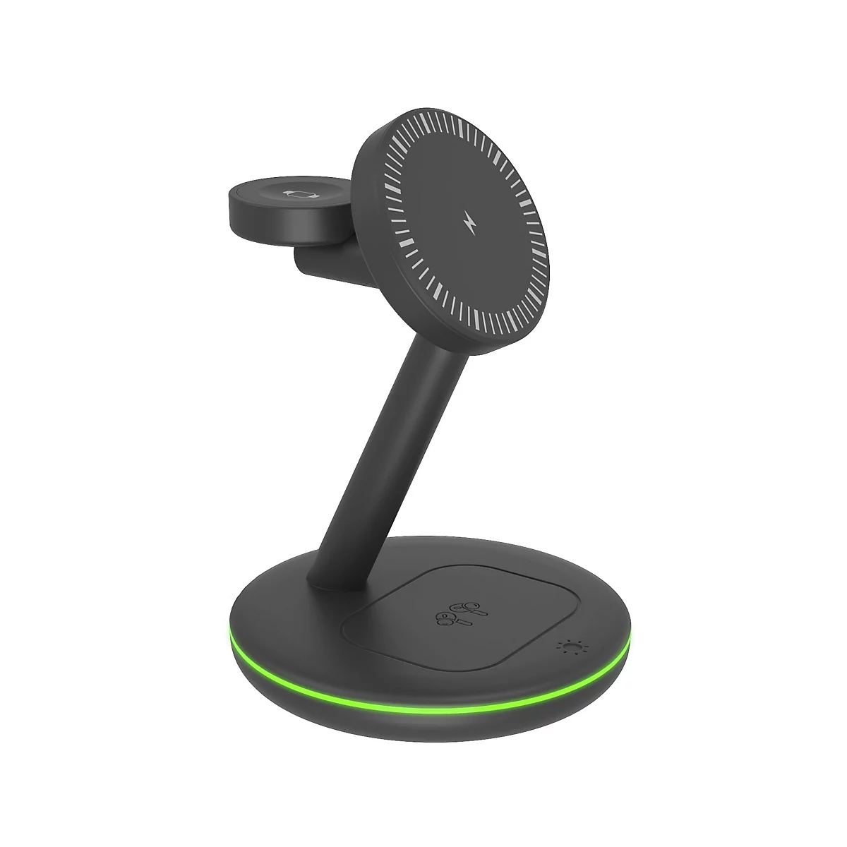 Schwarze kabellose Ladestation mit grünem Leuchtring. Oben zwei runde Flächen, eine für das Handy, eine für die Kopfhörer. Blitzsymbol.