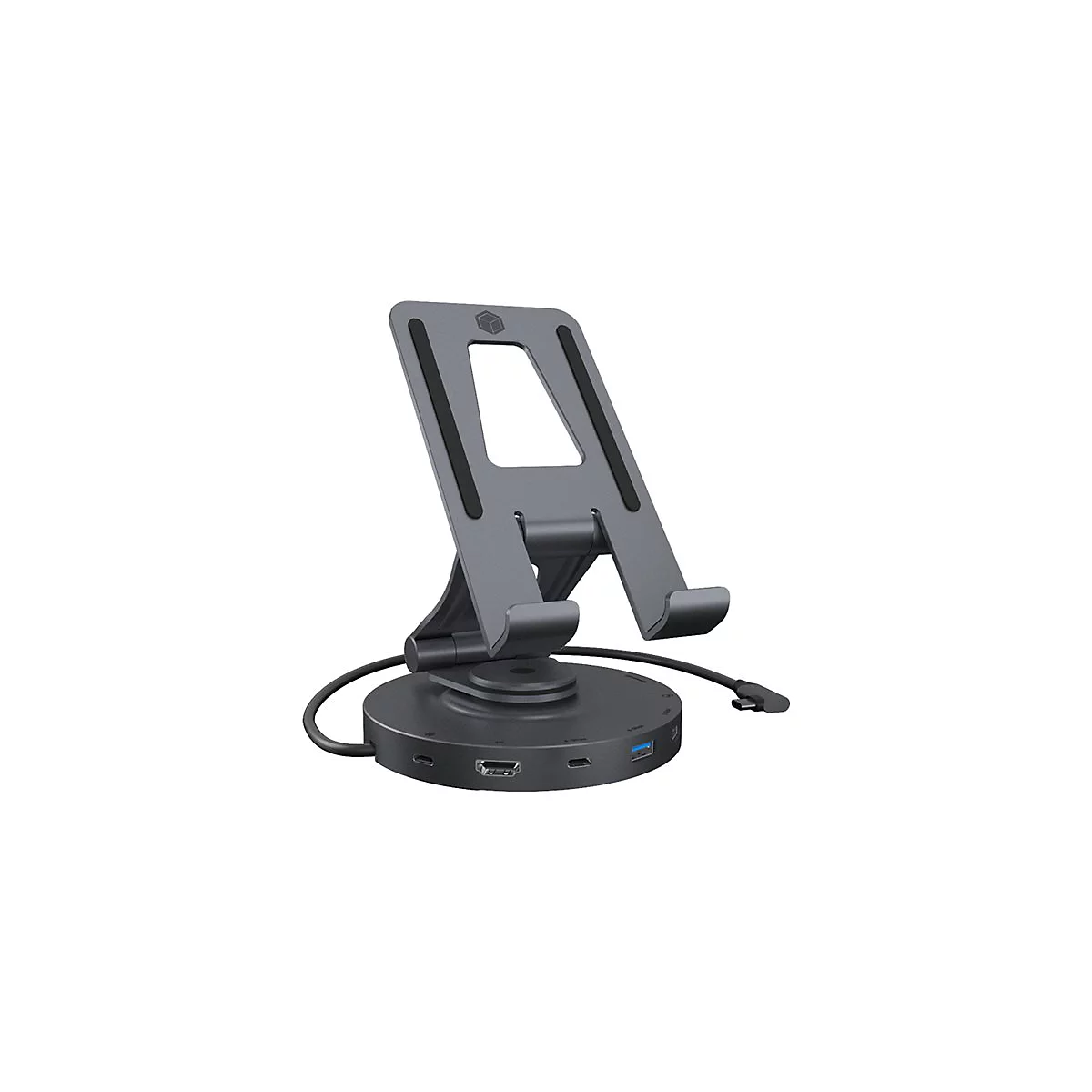 Grauer Tablet-StÃ¤nder mit integriertem USB-Hub, Kabel und diversen AnschlÃ¼ssen.