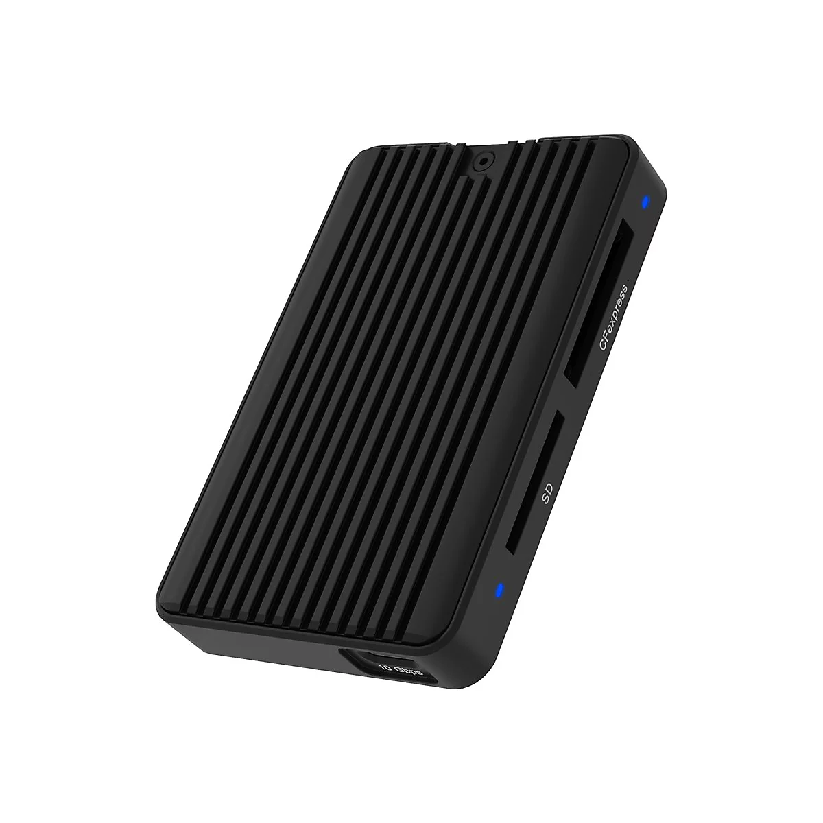 Lecteur de carte noir avec une surface striée, des fentes pour cartes SD et CFexpress et des lumières LED bleues.