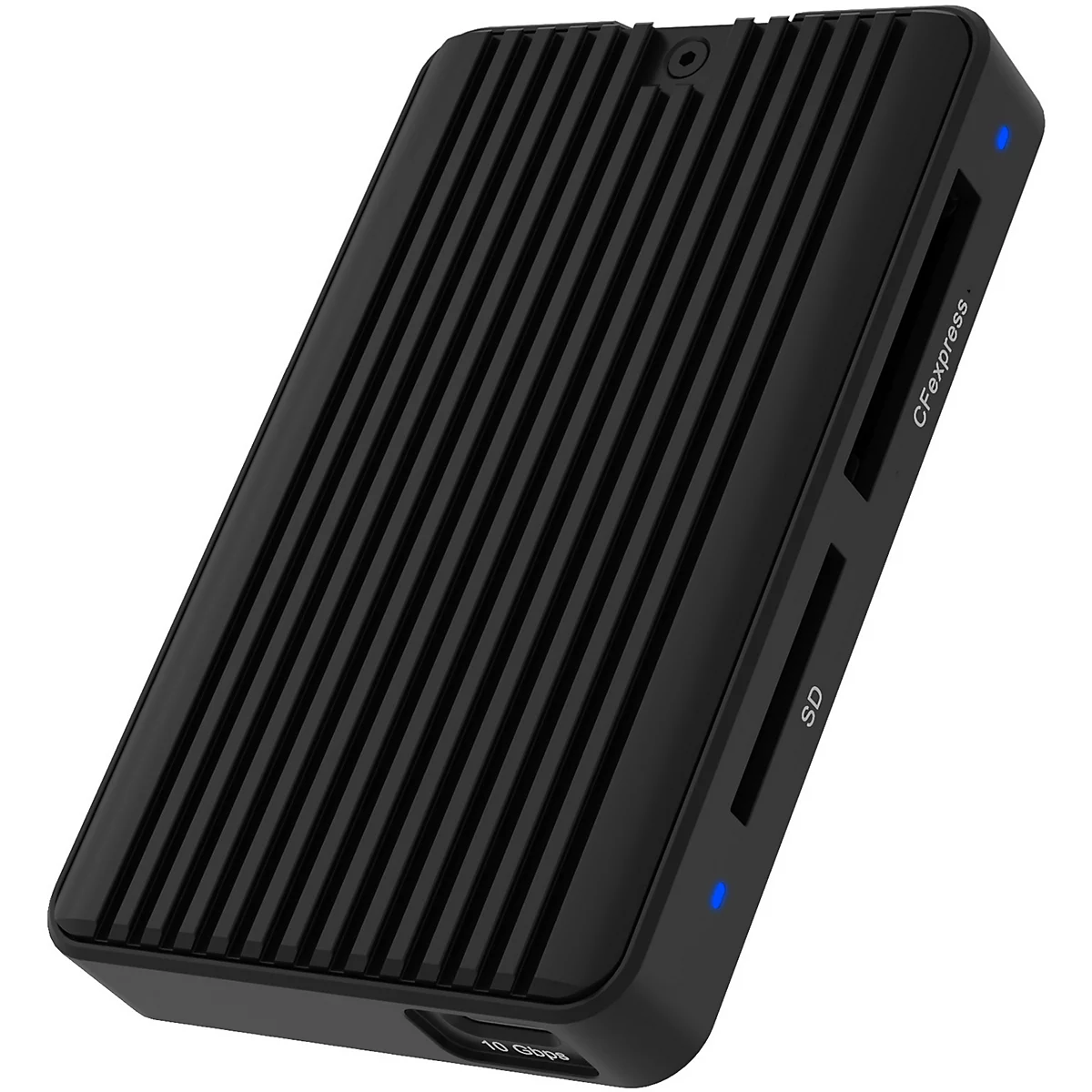 Lecteur de carte noir avec surface nervurée, logements pour cartes CFexpress et SD.