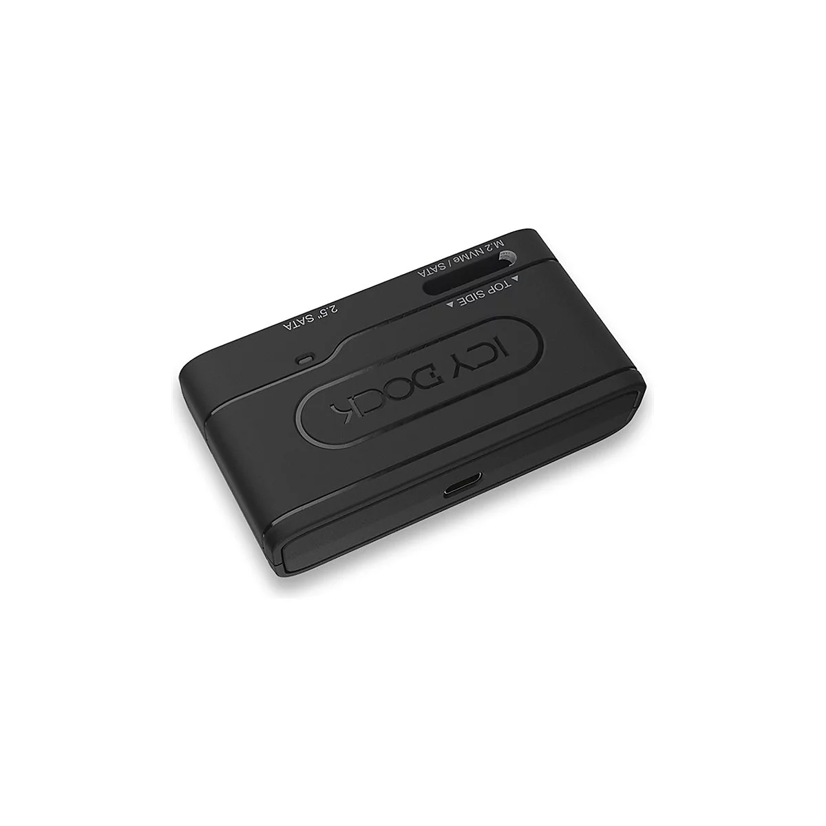 Schwarzes ICY DOCK GehÃ¤use fÃ¼r Festplatten. Oben steht 2.5 SATA, M.2 NVMe/SATA. USB-C Anschluss.