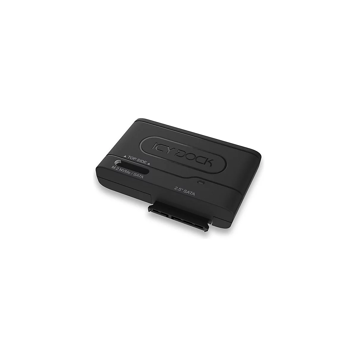 Schwarzer Icy Dock Adapter fÃ¼r 2,5 SATA SSDs und M.2 NVMe/SATA-SSDs. Mit ICY DOCK-Logo.