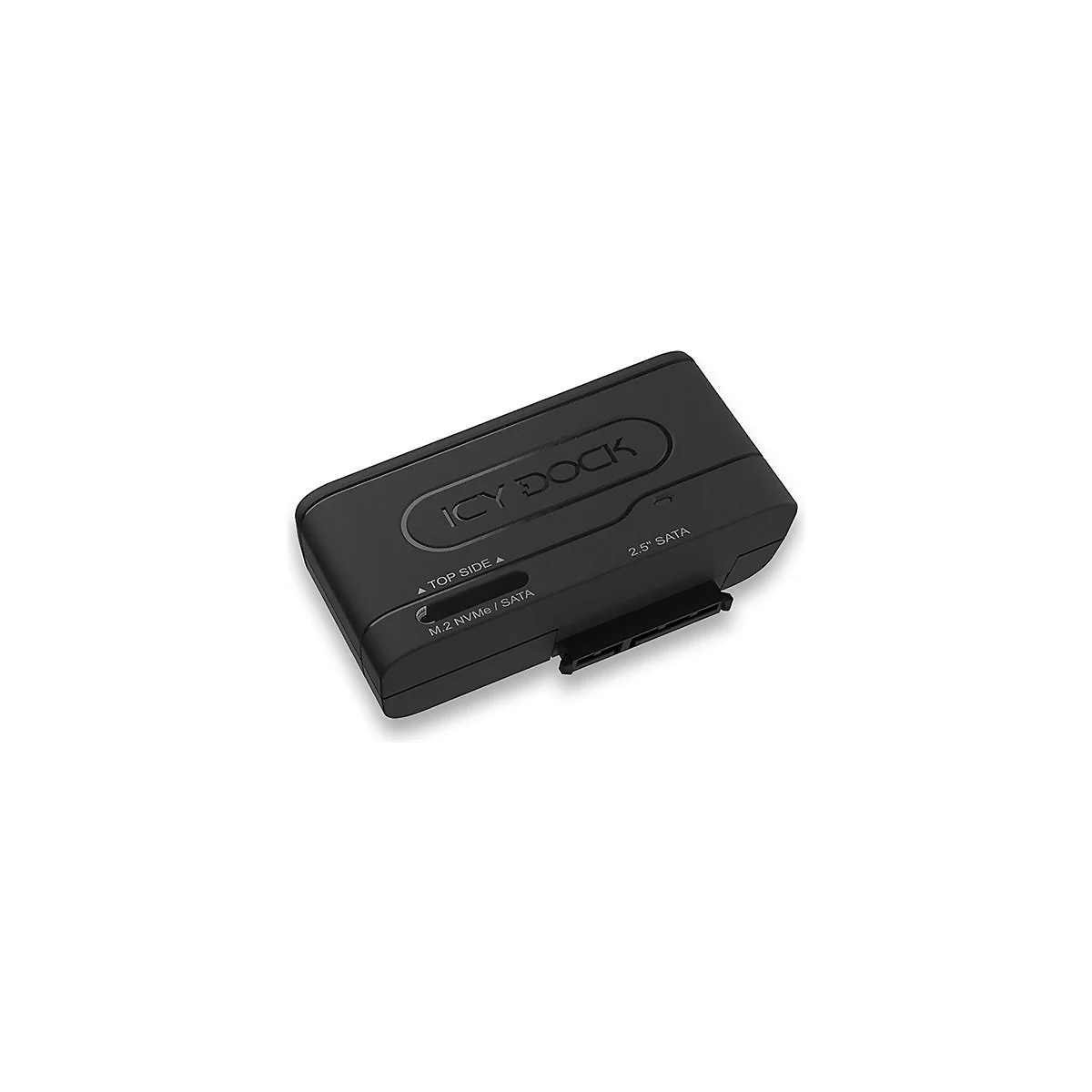 Schwarzer Icy Dock Adapter fÃ¼r 2,5 SATA und M.2 NVMe/SATA SSDs. Beschriftung: Top Side, 2,5 SATA und M.2 NVMe/SATA.