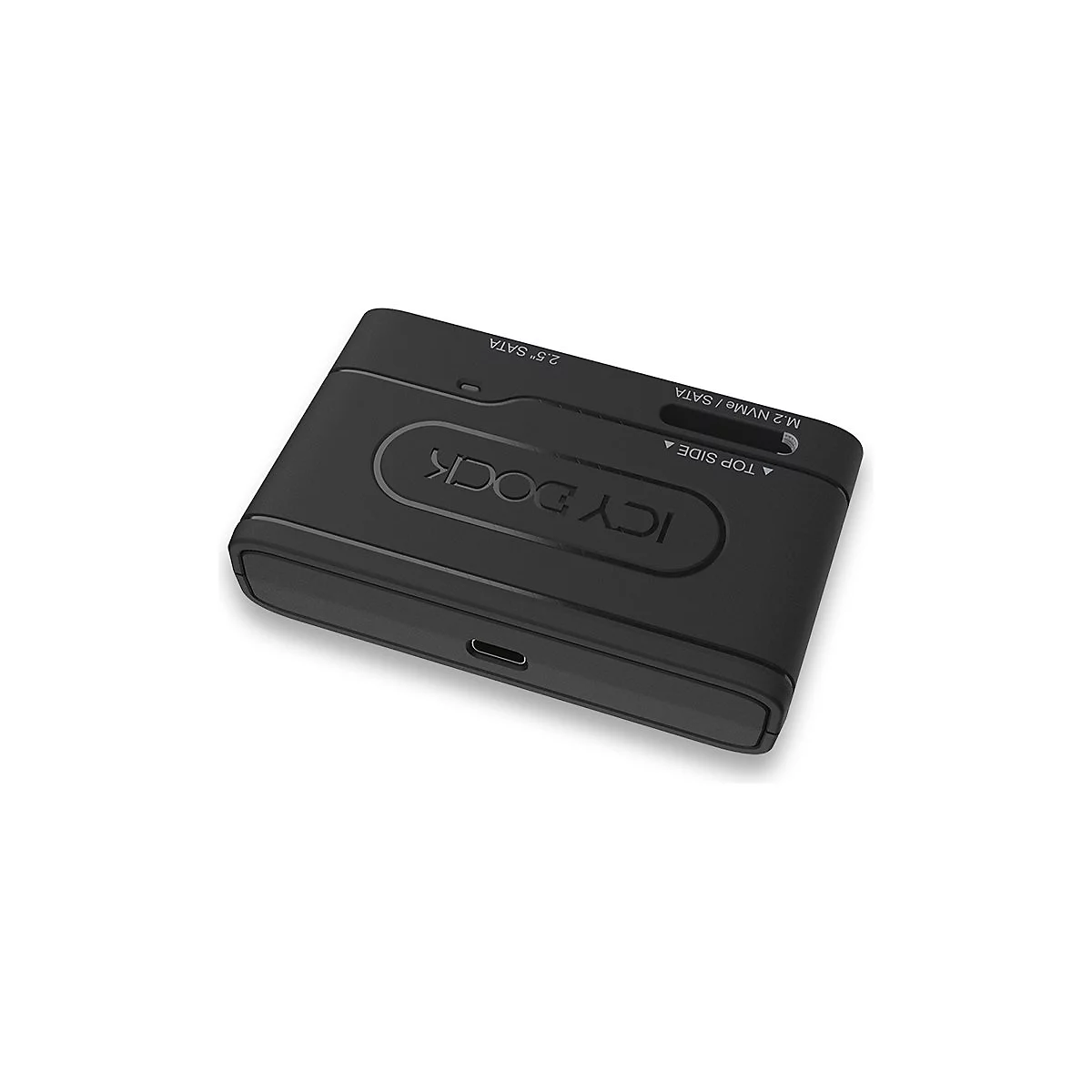 Schwarzer ICY DOCK Festplattenadapter mit AnschlÃ¼ssen fÃ¼r 2.5 SATA und M.2 NVMe/SATA. Logo ICY DOCK.