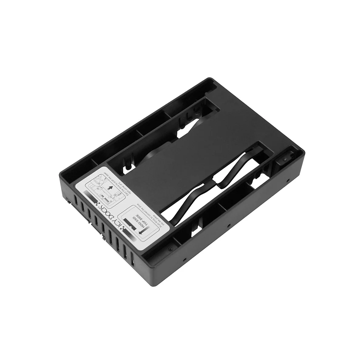 Schwarzer Festplatten-Docking-Adapter mit Anleitung und Schriftzug. Die Halterung ist mit Aussparungen versehen.