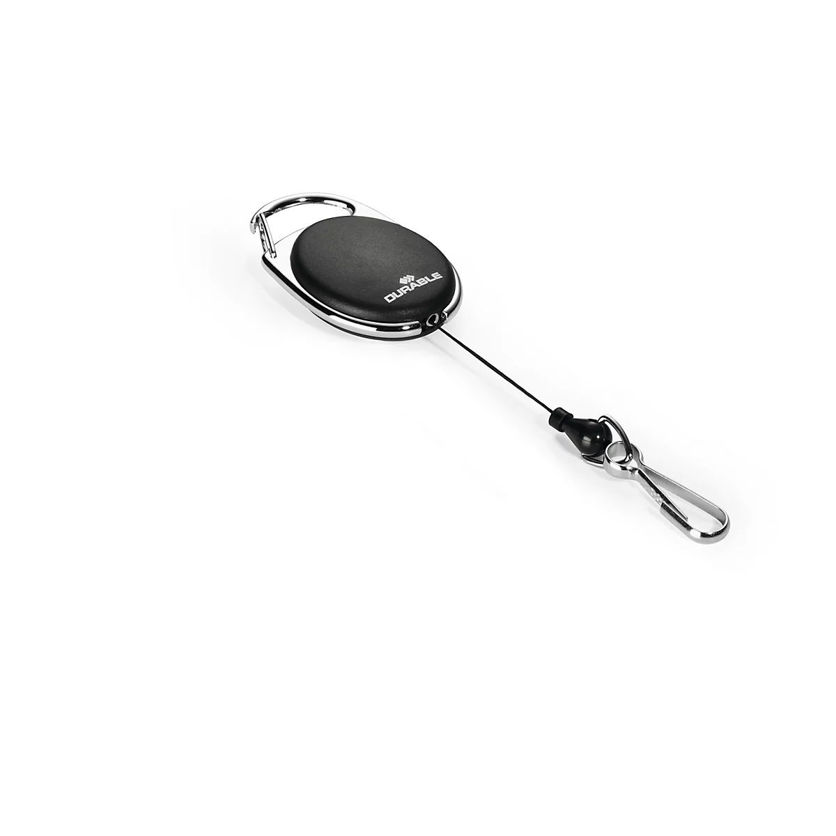 Black ID badge reel with silver border and carabiner hook, lies diagonally on a white background. The "DURABLE" logo is visible.