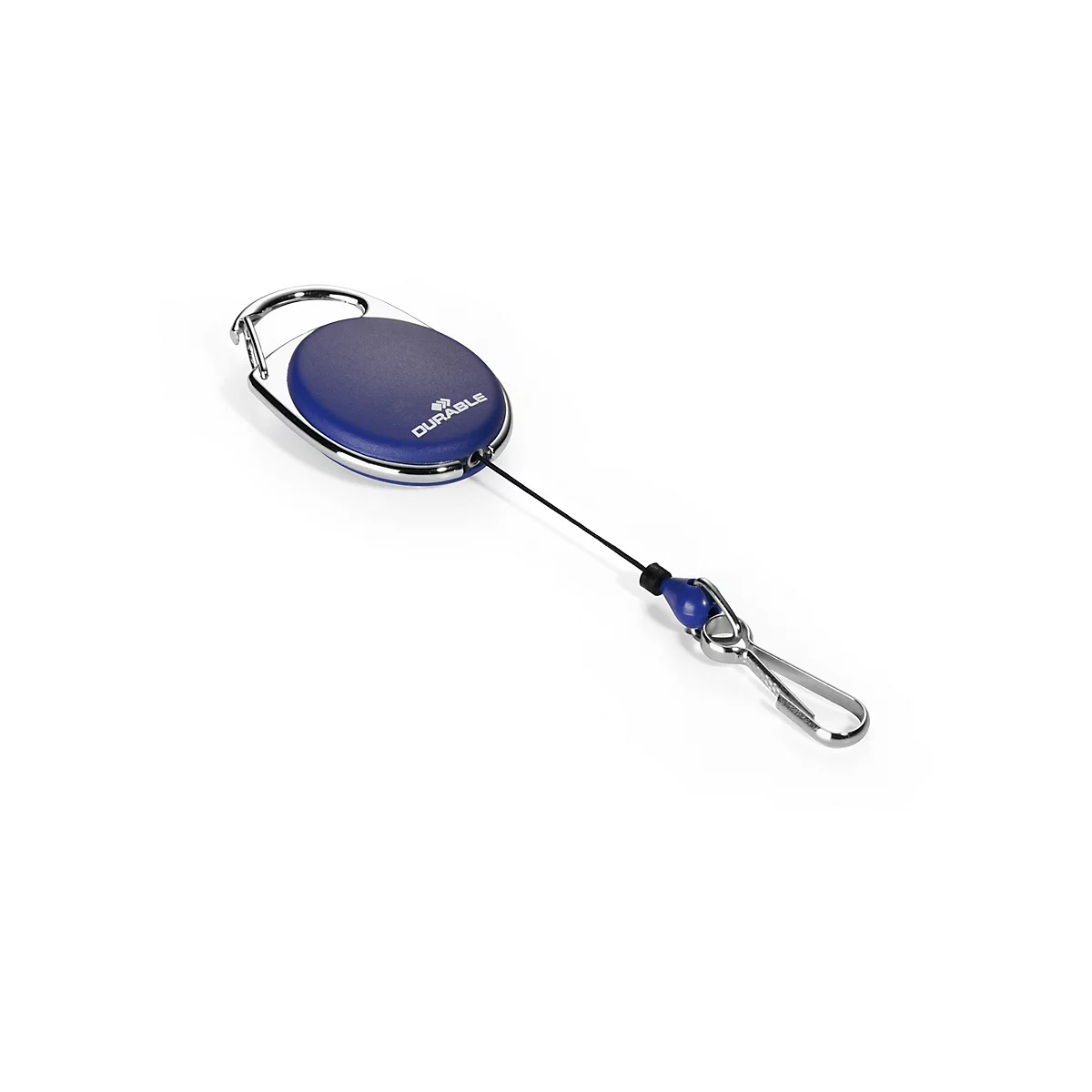 Blue ID badge reel with silver carabiner clip and black cord, DURABLE logo.