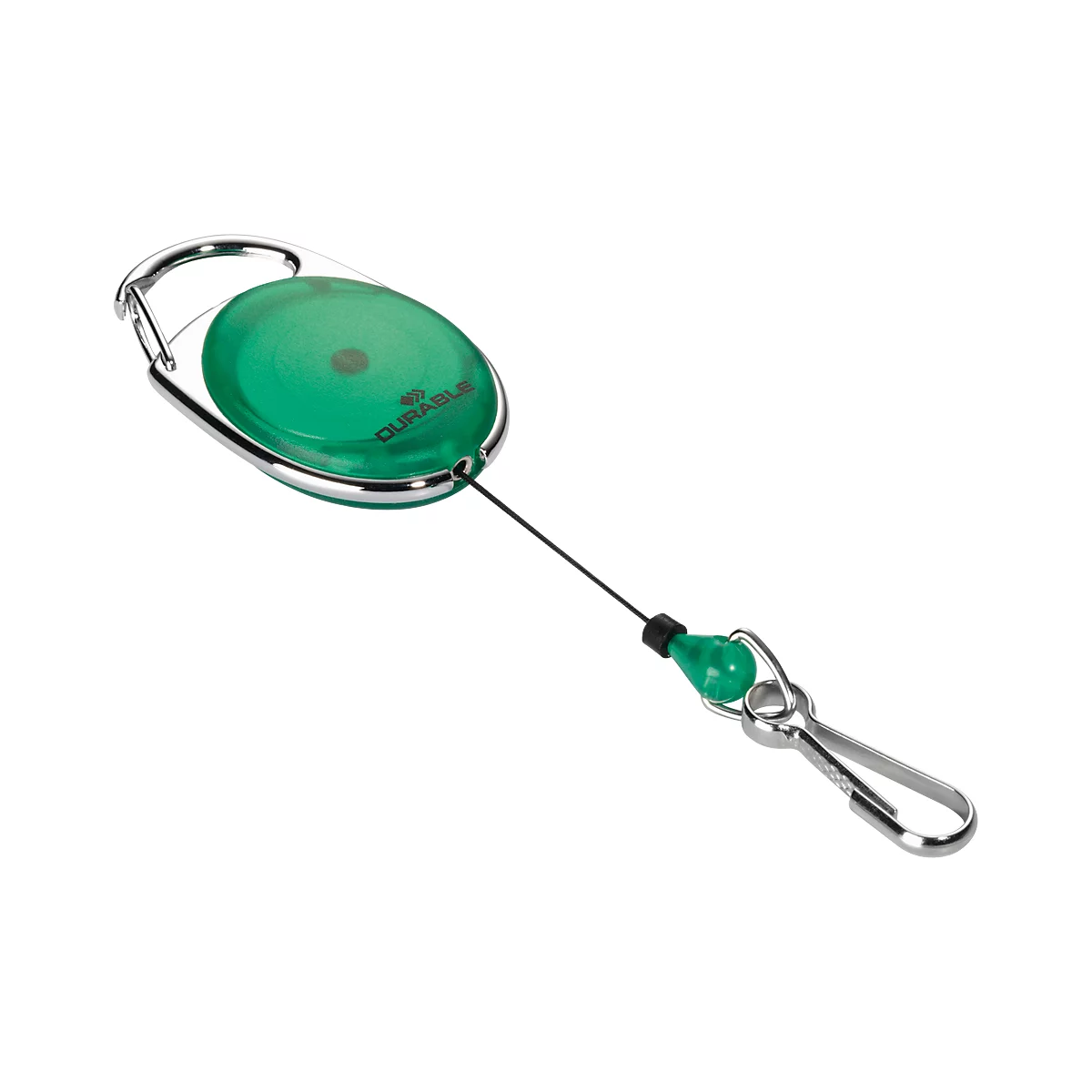 Green ID badge reel with metal carabiner and black cord.