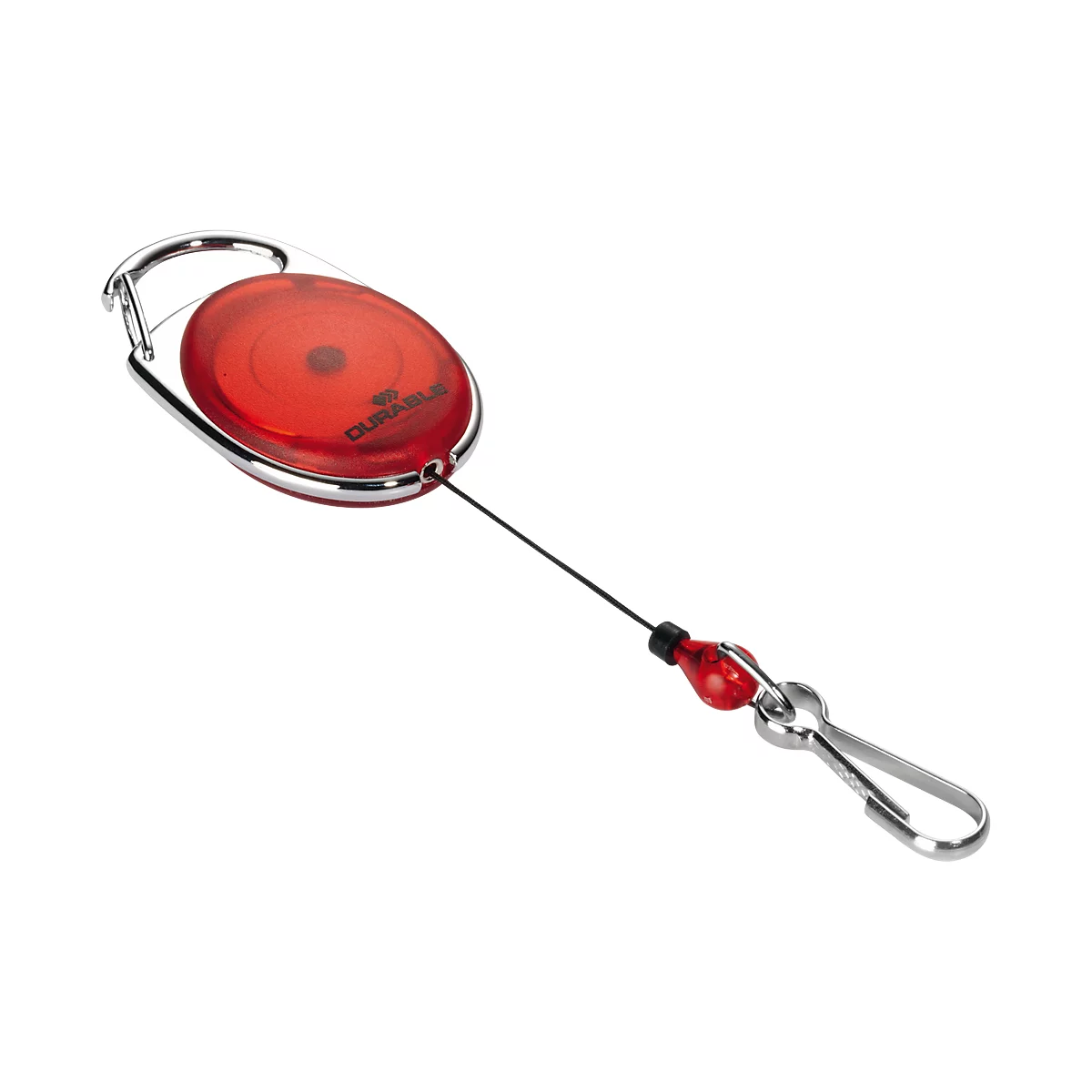 Red card holder with silver carabiner hook, black cord and red clip.