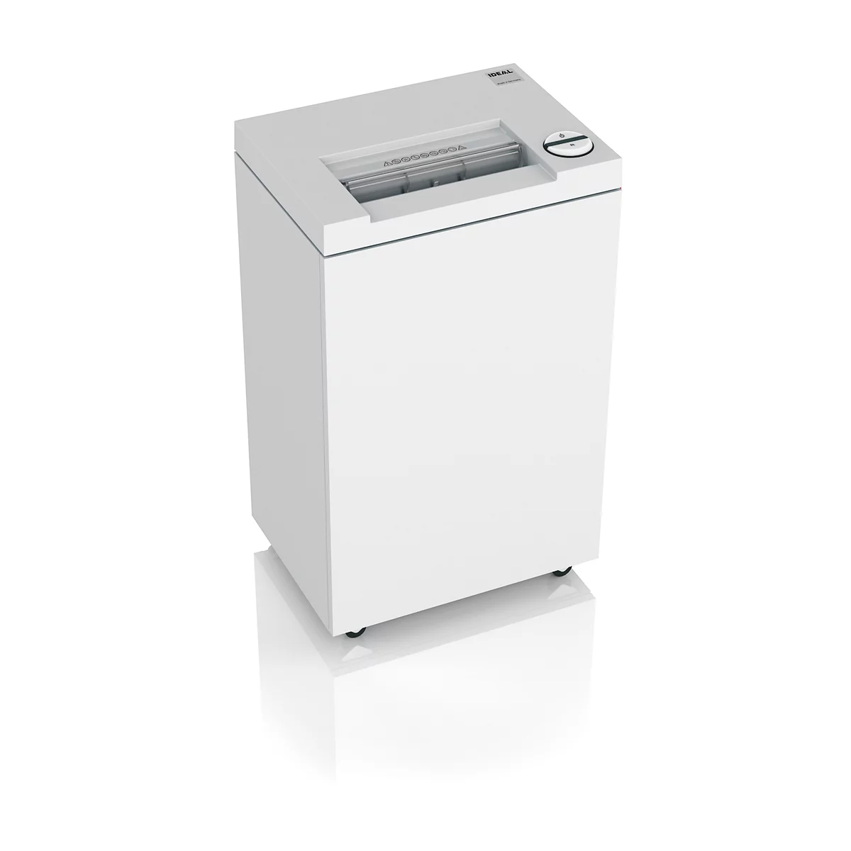 Weißer Aktenvernichter, oben mit Einzugsschlitz, auf glänzender Oberfläche.