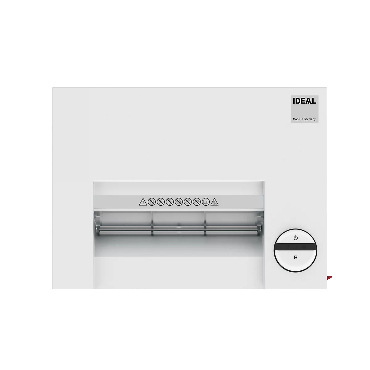 Weißer Aktenvernichter, rechteckig, mit Bedienelementen und dem Schriftzug IDEAL.