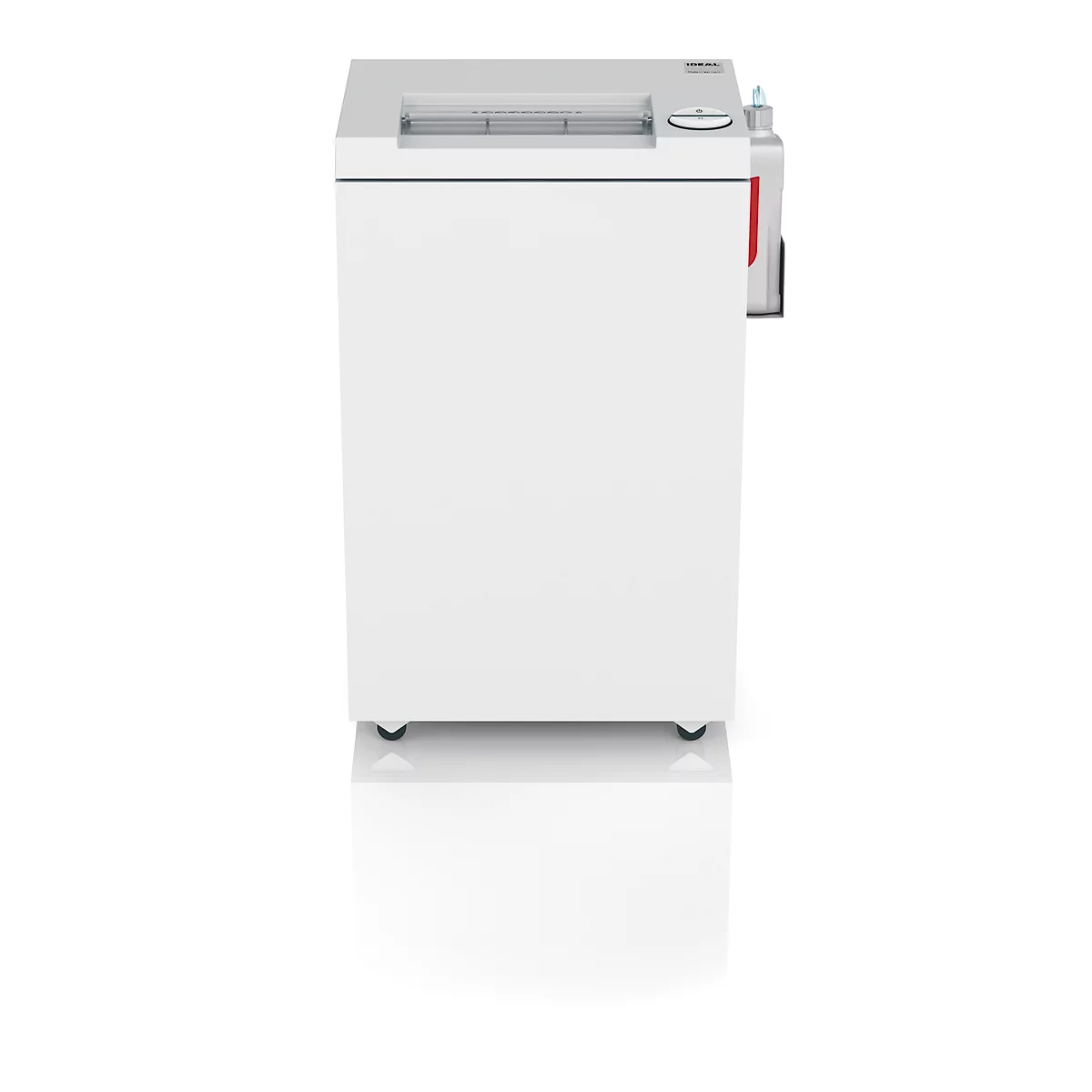 Weißer Aktenvernichter, Vorderansicht. Oben der Einzugsschlitz, rechts ein rotes Element. Vor weißem Hintergrund.