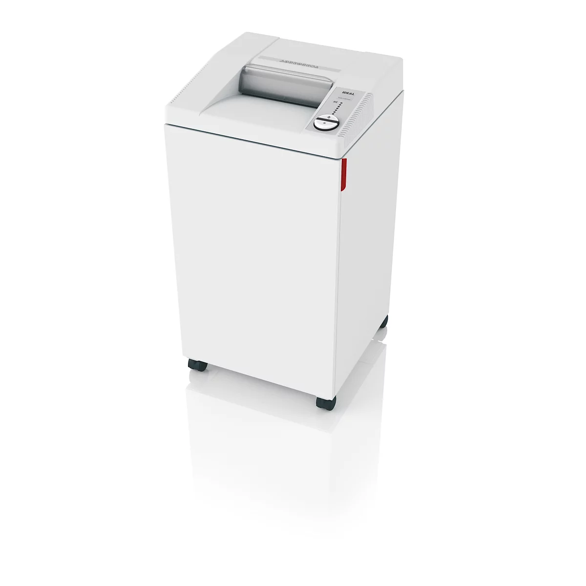 Weißer Aktenvernichter, rechteckig, mit Einzug, Bedienfeld und schwarzem Sockel. Auf weißem Hintergrund.