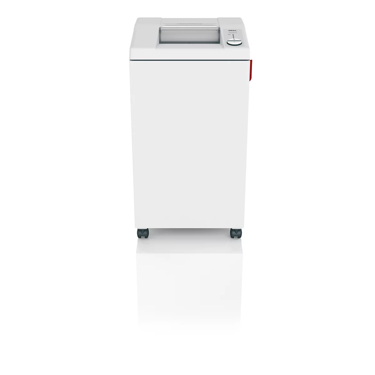 Weißer Aktenvernichter auf Rollen, Vorderansicht, isoliert auf weißem Hintergrund.