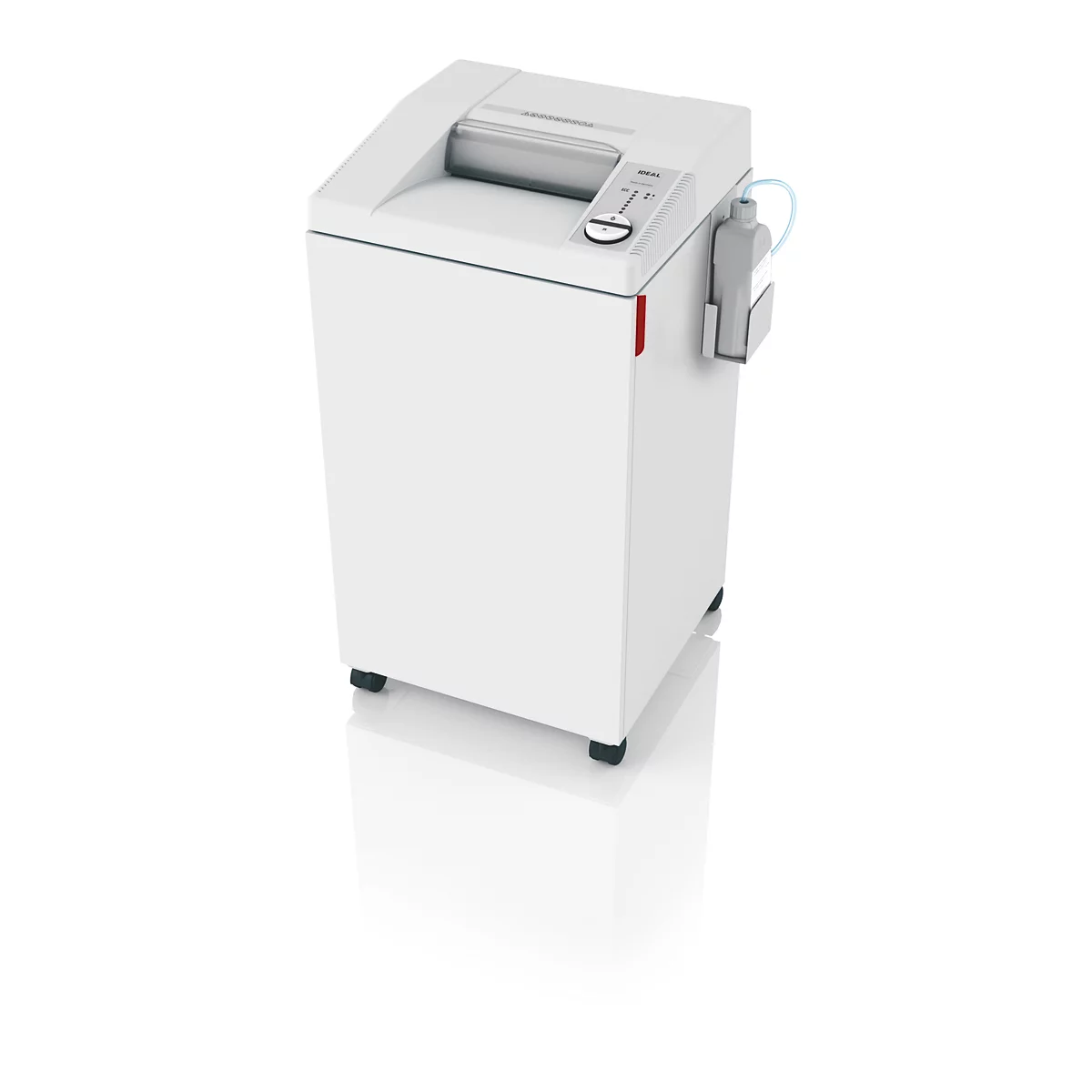 Weißer Aktenvernichter, rechteckig, Bedienfeld, Auffangbehälter. Auf weißem Untergrund.