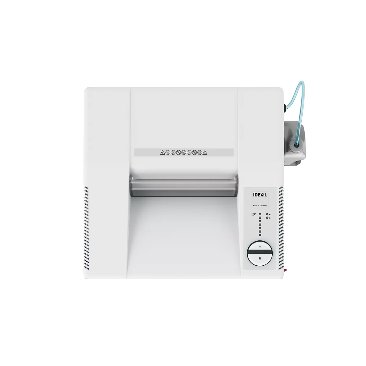 Weiße, rechteckige Maschine mit einem Walzenbereich, Bedienelementen und einem blauen Schlauch. Aufschrift: IDEAL, AD0000000A.
