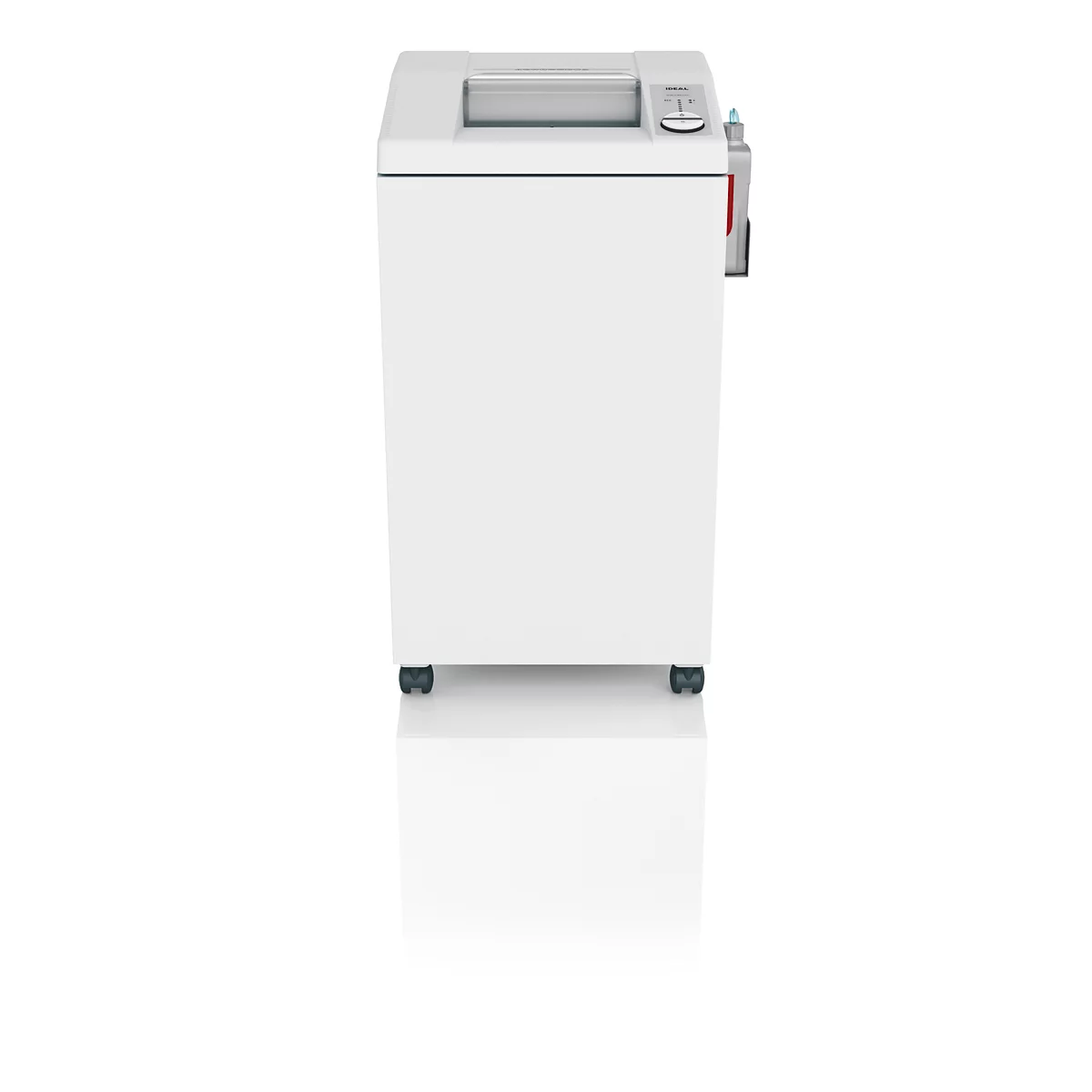 Aktenvernichter in Weiß, Vorderansicht. Mit Papiereinzug oben, Bedienfeld rechts.
