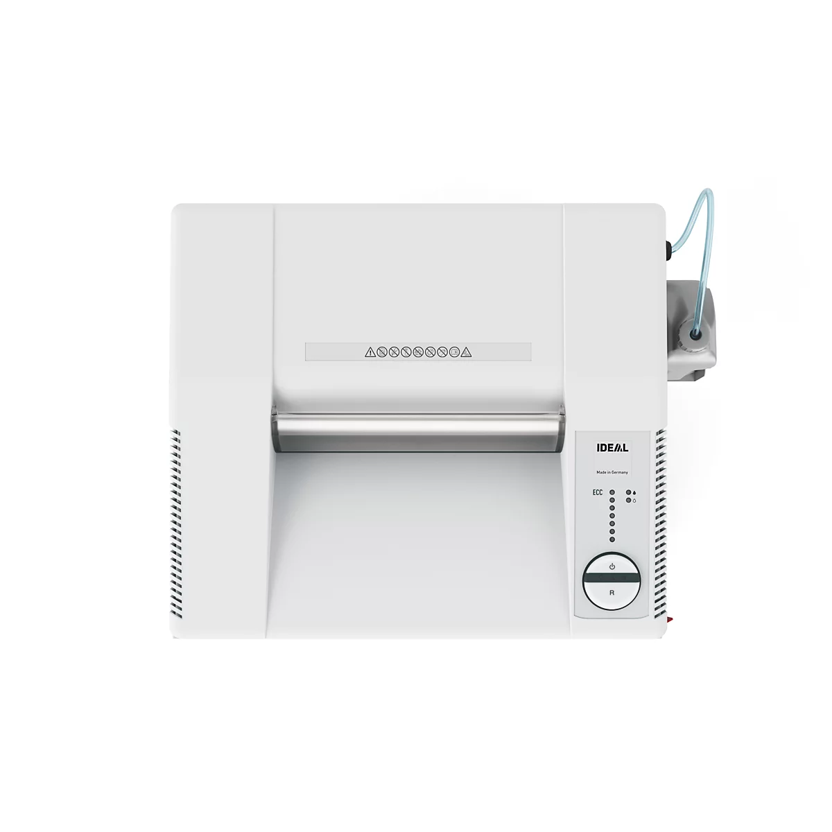 Von oben fotografierte weiße Aktenvernichtungsmaschine mit Steuerung und walzenförmigem Einzug.