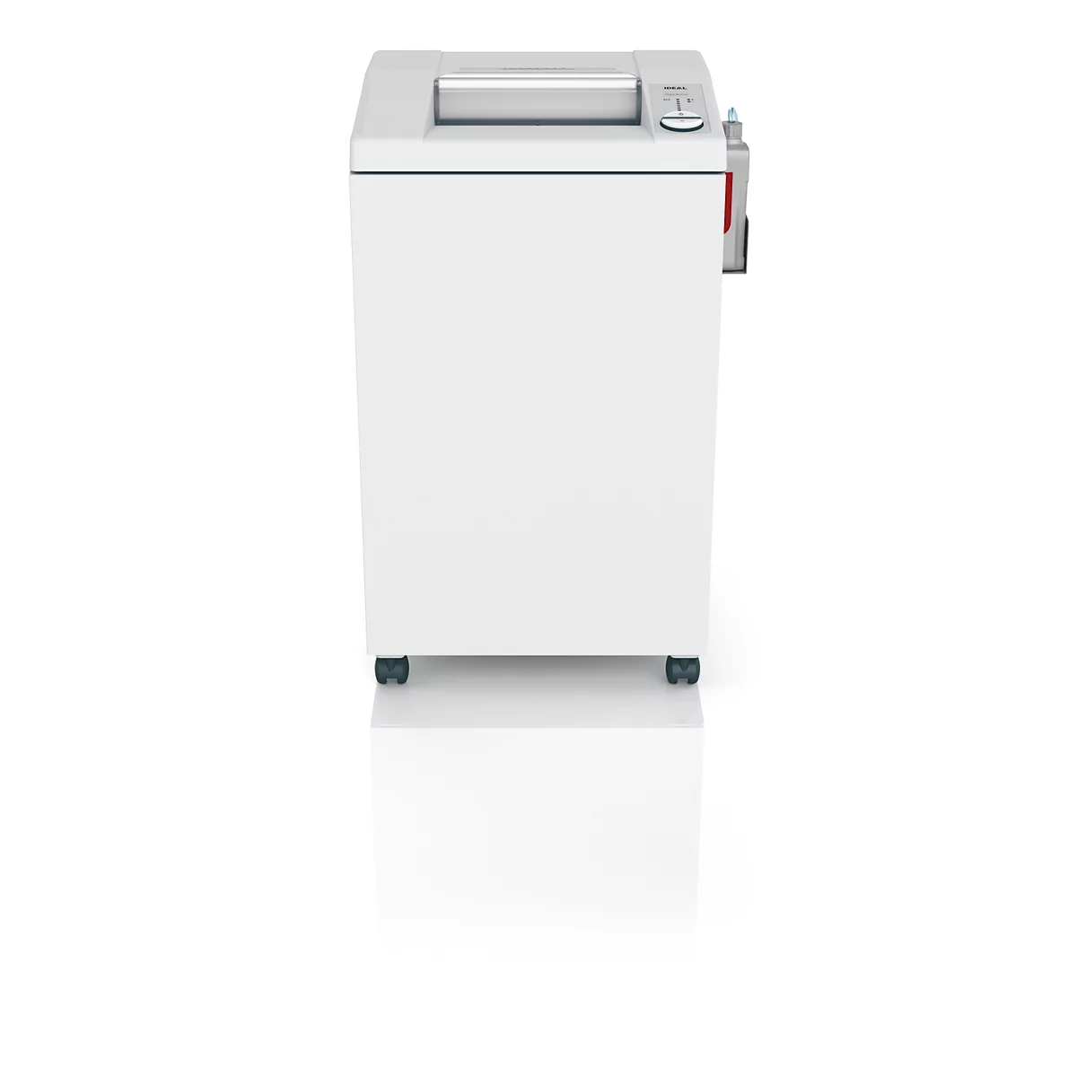 Weißer Aktenvernichter, rechteckig, auf Rollen, mit Eingabefach und Bedienelementen.