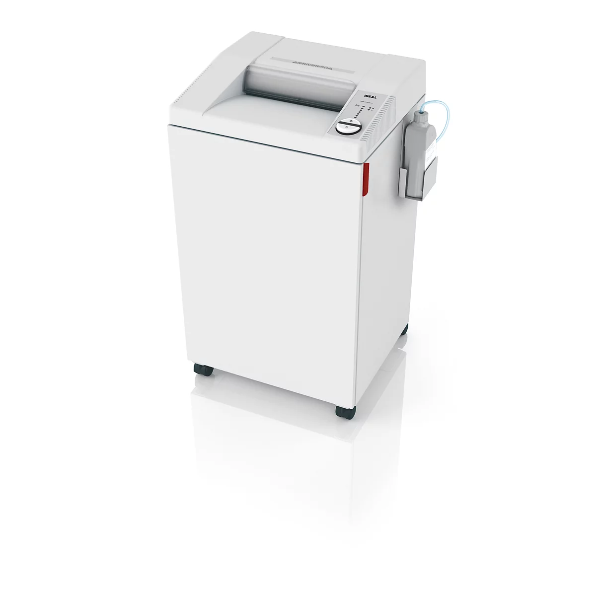 Weißer Aktenvernichter, rechteckig, Bedienfeld, Auffangbehälter, auf Rollen.