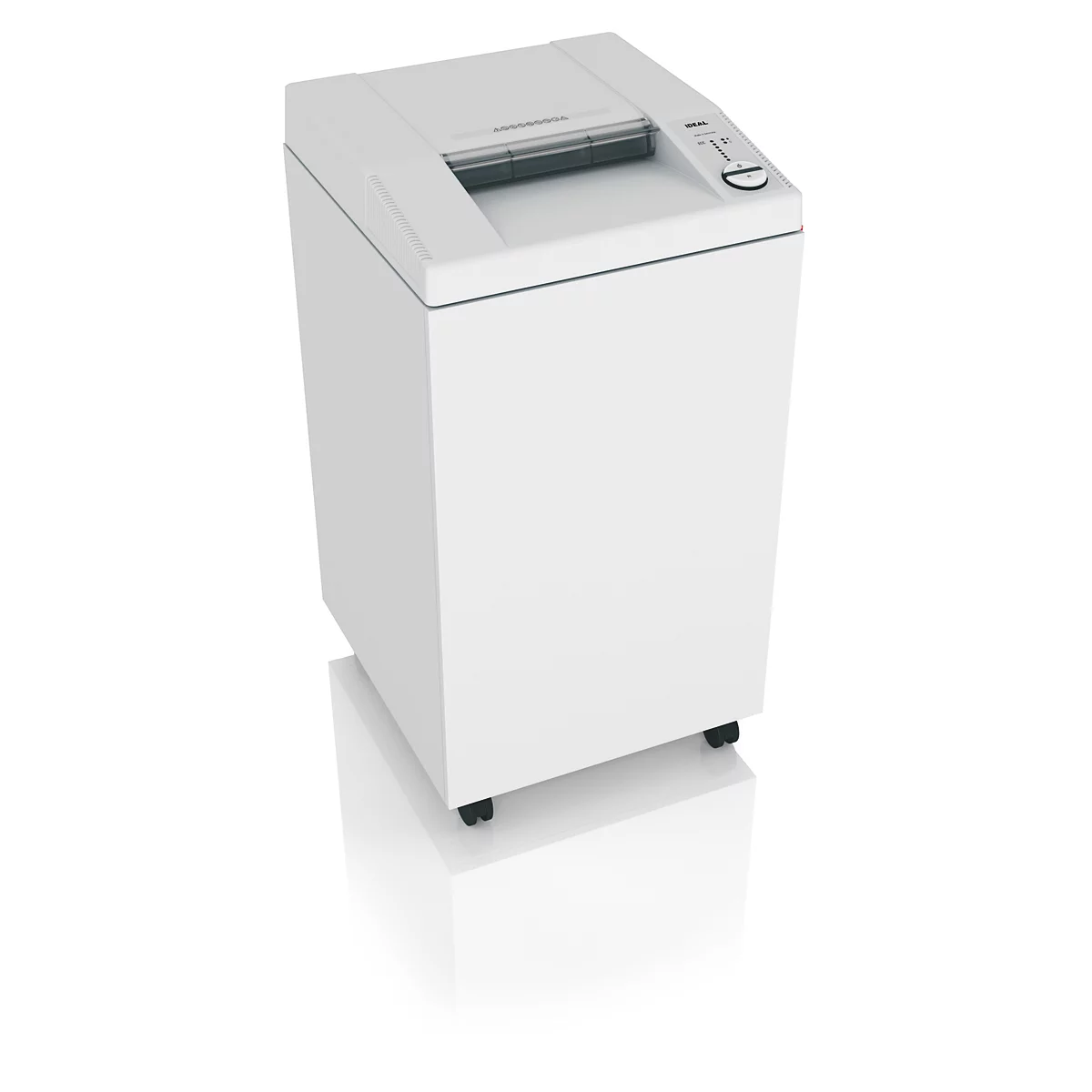 Weißer Aktenvernichter auf Rollen, im Winkel fotografiert, mit Schatten. Oben ein Einschub, rechts Knöpfe.