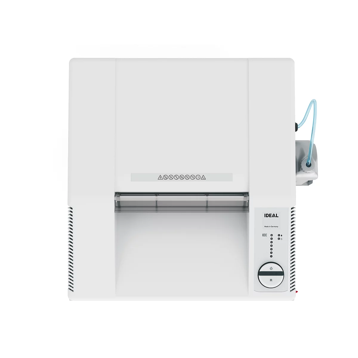 Von oben fotografierte weiße IDEAL Schneidemaschine mit Bedienteil, Aufschrift IDEAL und blauer Schlauch.