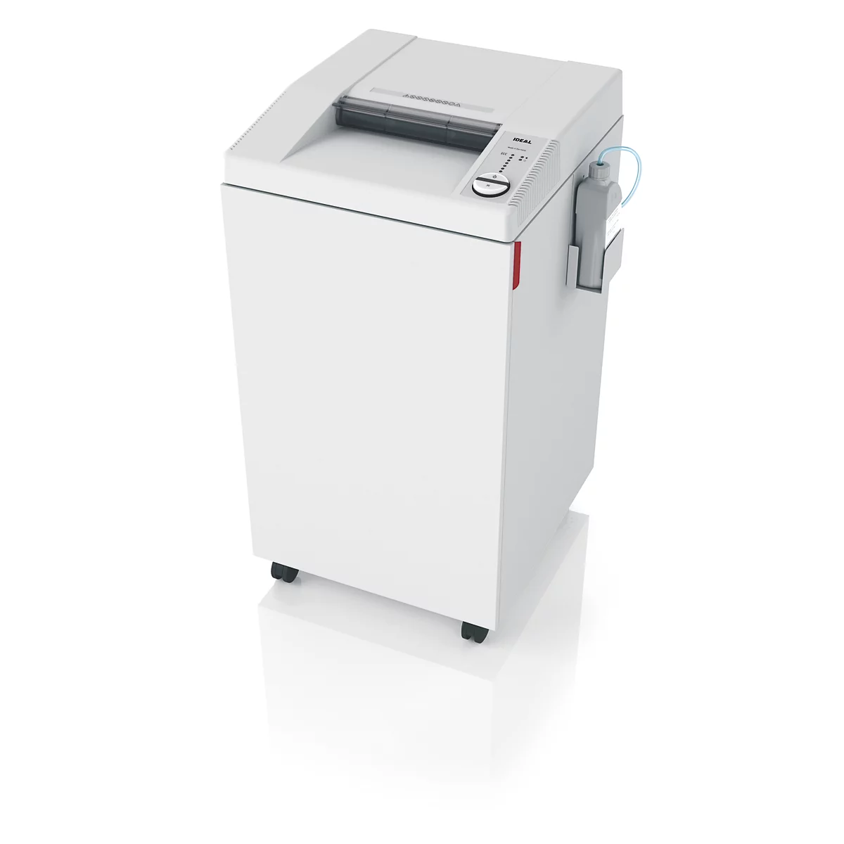 Weißer Aktenvernichter, rechteckig, auf Rollen. Oberhalb Einwurfschlitz, Bedienfeld mit Knopf und Anzeigen.