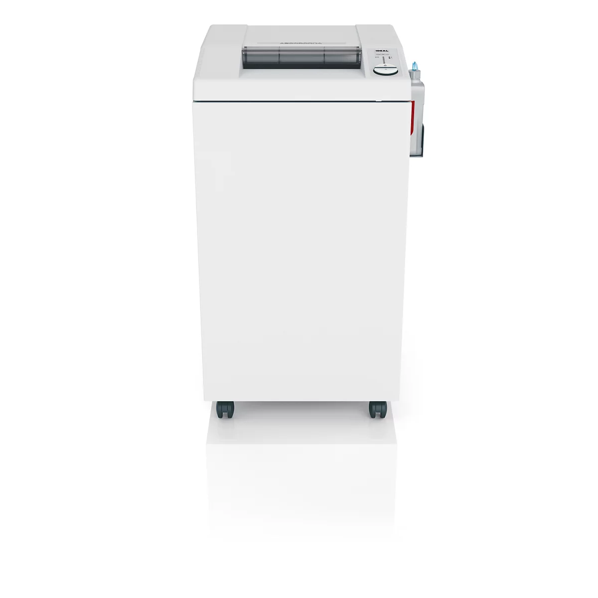 Weißer Aktenvernichter auf Rollen, Vorderansicht. Oben ein Einzugsschlitz, rechts ein Bedienfeld.