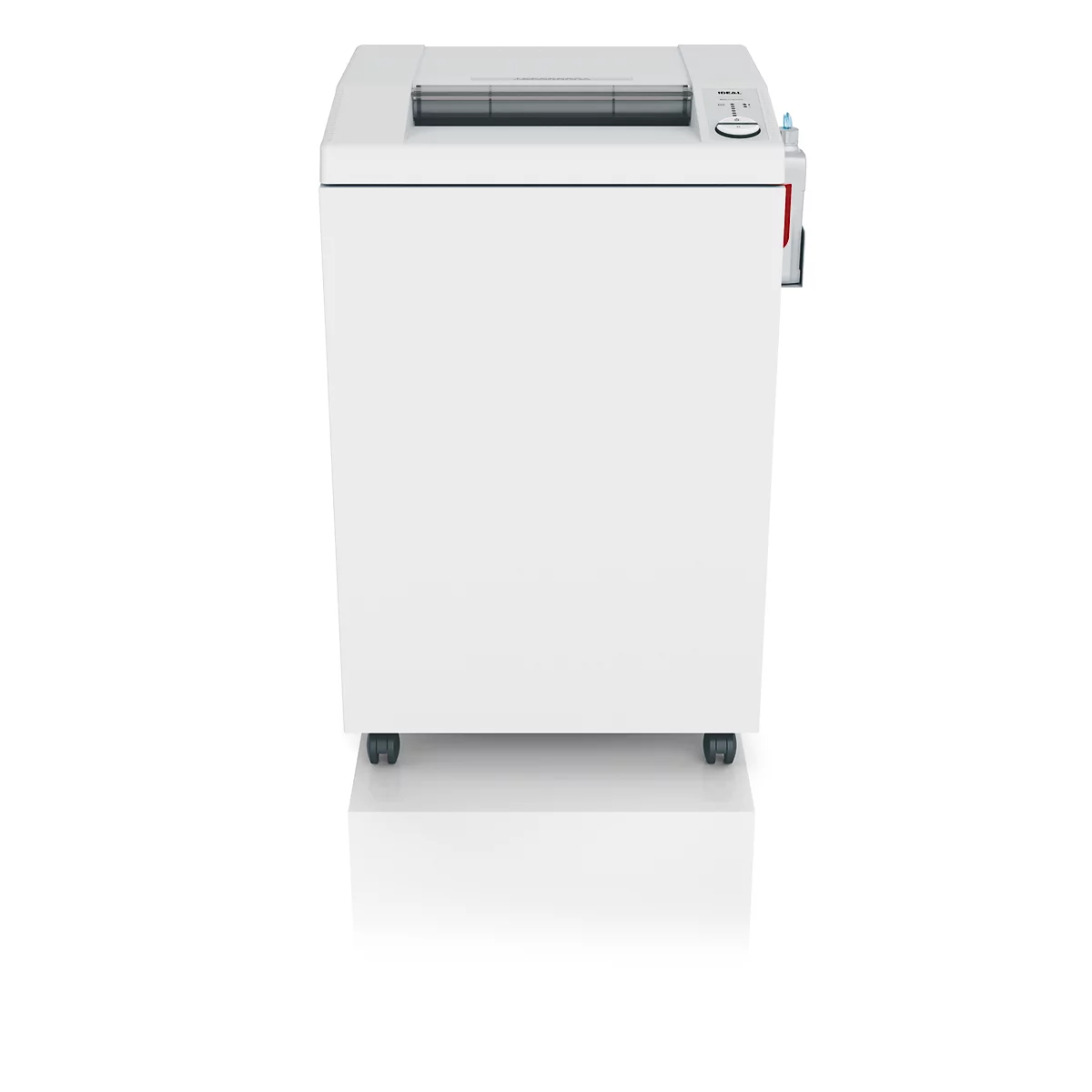 Weißer Aktenvernichter, rechteckig, auf Rollen. Oben: Einzug. Rechts: kleines Bedienfeld. Minimalistisches Design.