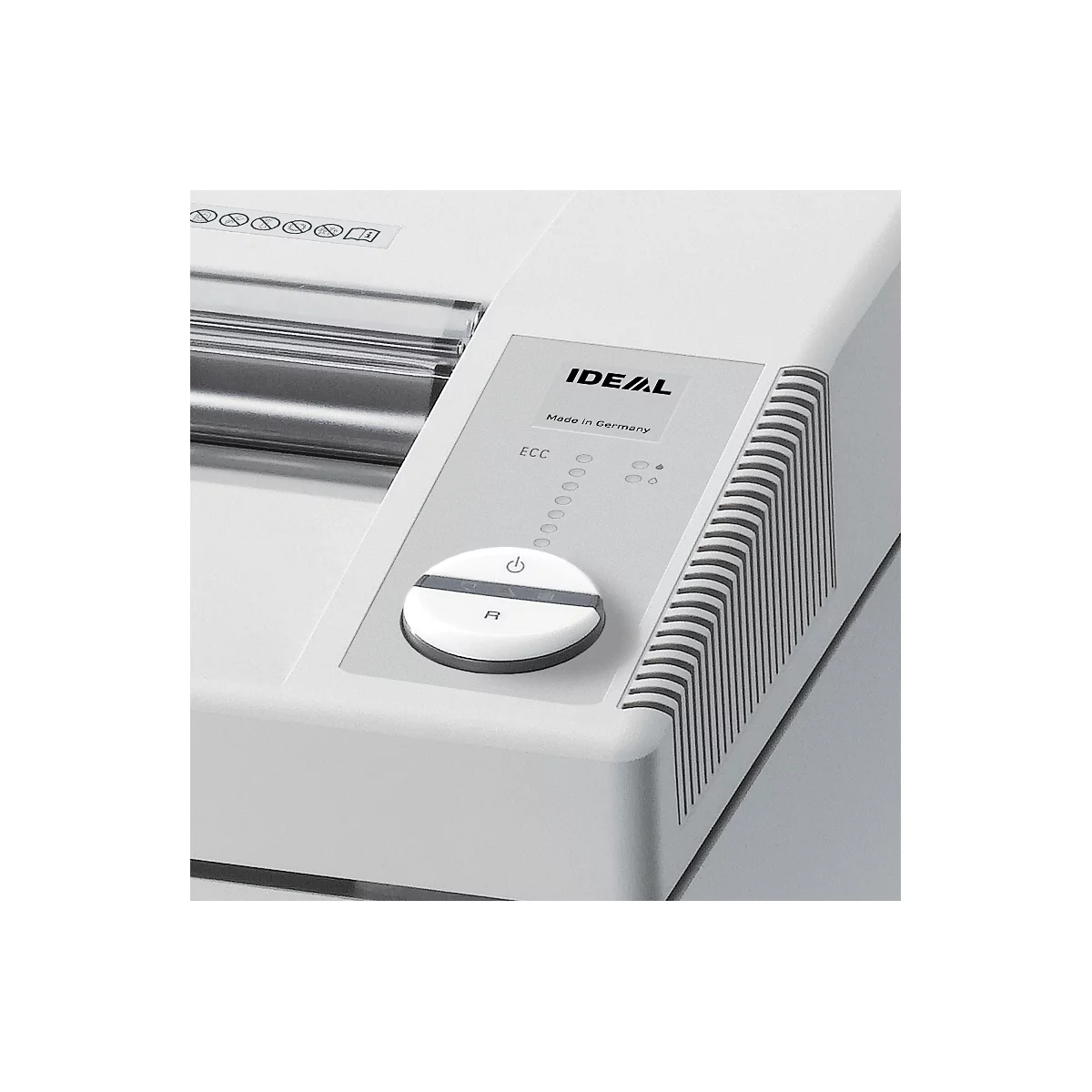 Detailansicht eines weißen Aktenvernichters mit Bedienfeld, inklusive IDEAL-Logo und Ein-/Ausschalter.