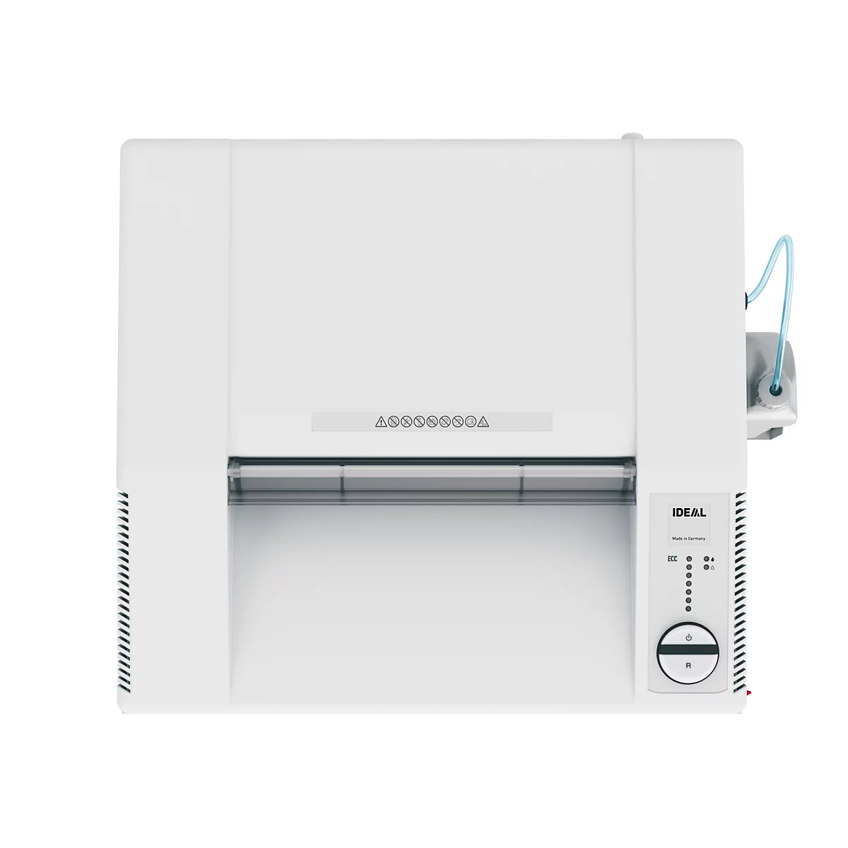 Weißes, rechteckiges Gerät mit "IDEAL" Beschriftung, Steuerung und blauer Schlauch. Oberhalb ein kleiner Schriftzug.