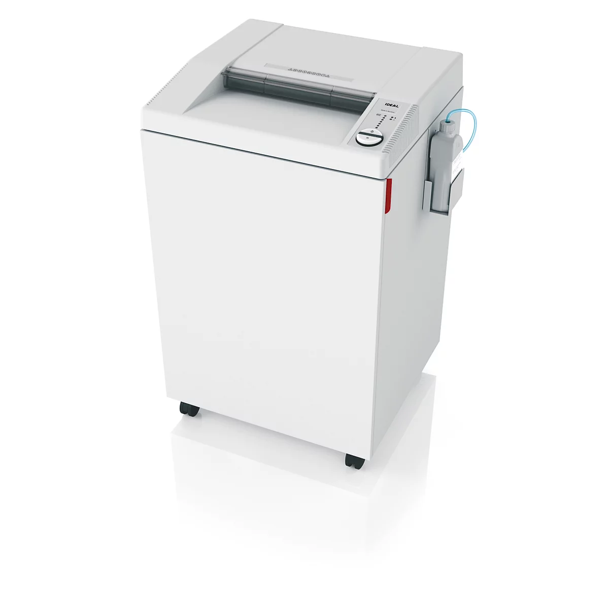 Weißer Aktenvernichter, rechteckig, Bedienfeld, Auffangbehälter, auf Rädern.