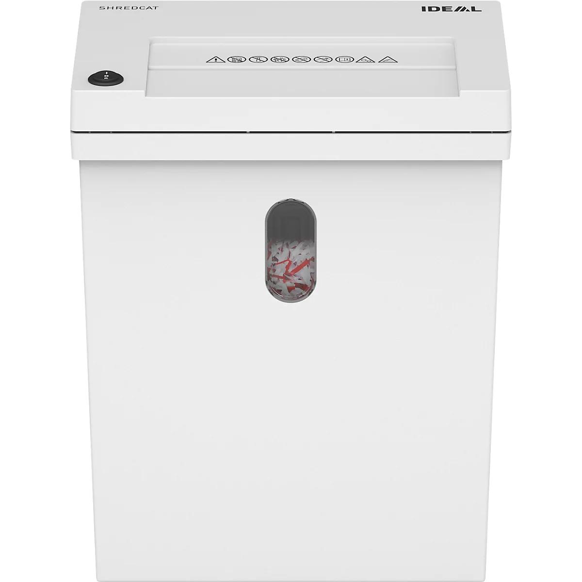 Weißer Aktenvernichter, oben mit Eingabefach, darunter ein Auffangbehälter mit Sichtfenster.