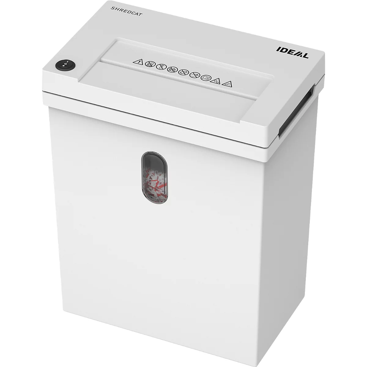 Weißer Aktenvernichter, mit Sichtfenster. Auf der Oberseite stehen die Markenbezeichnungen "SHREDCAT" und "IDEAL".