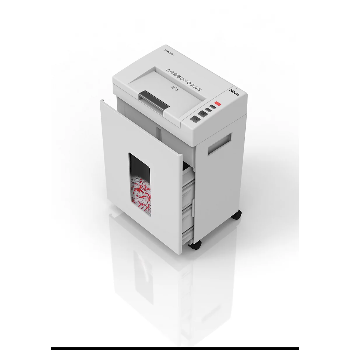 Ein weißer Aktenvernichter, Tür offen, Schreddergut sichtbar.