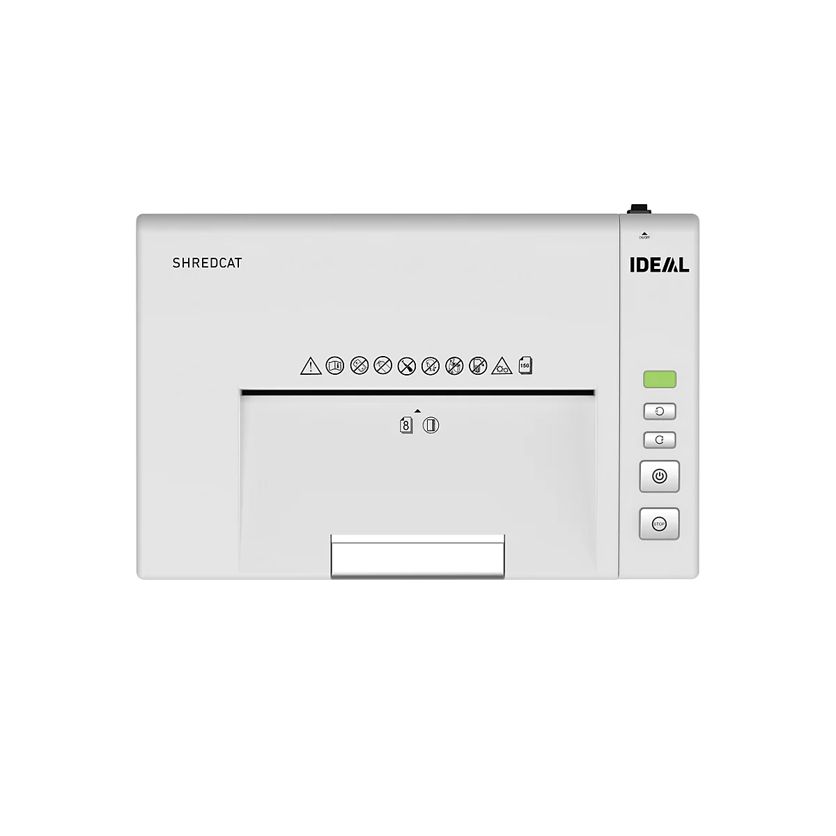 Weißer Aktenvernichter. Oben steht SHREDCAT. Rechts sind Knöpfe und ein grünes Licht zu sehen.