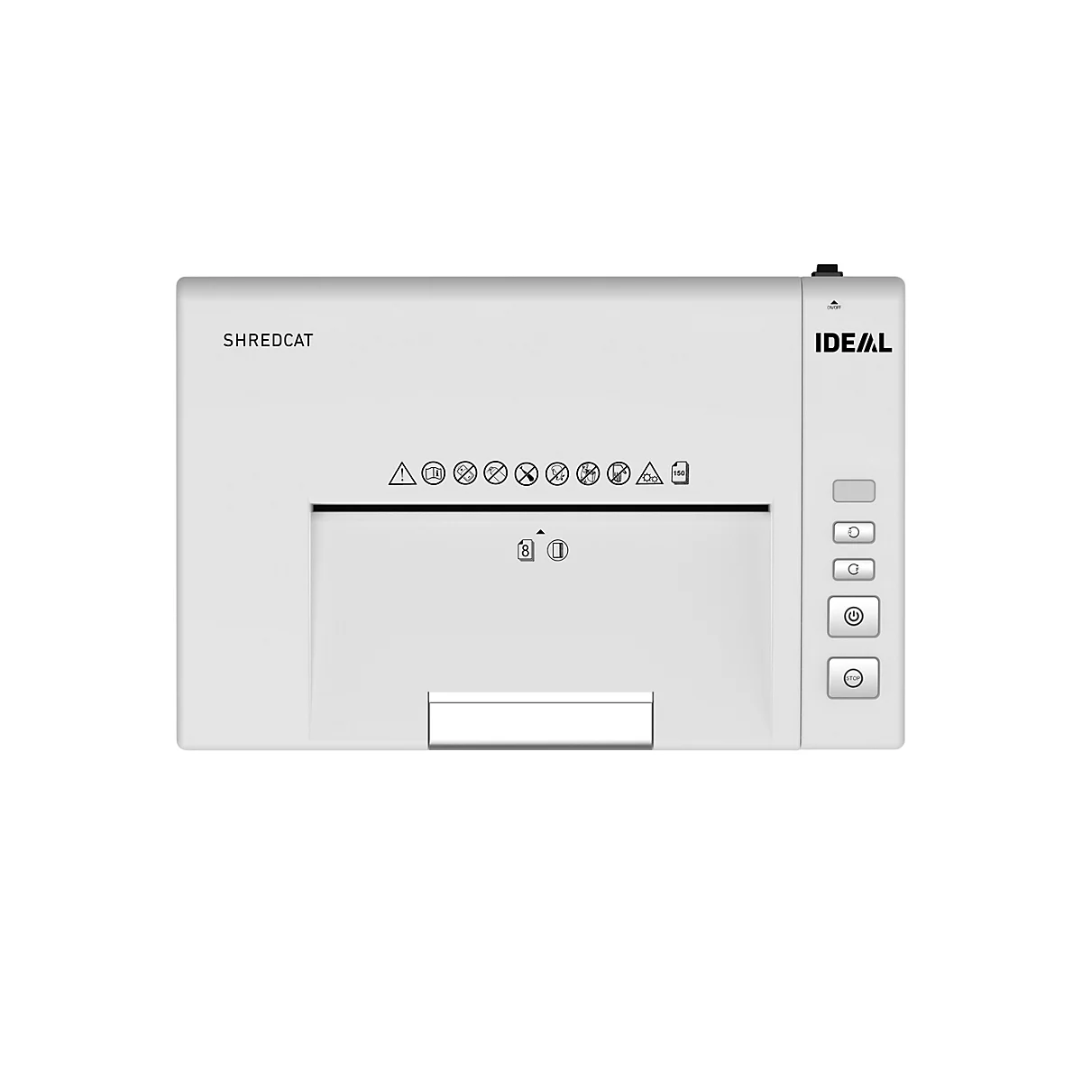 Weißer Aktenvernichter, Beschriftung SHREDCAT, rechts IDEAL. Bedienknöpfe, Papier Einzug