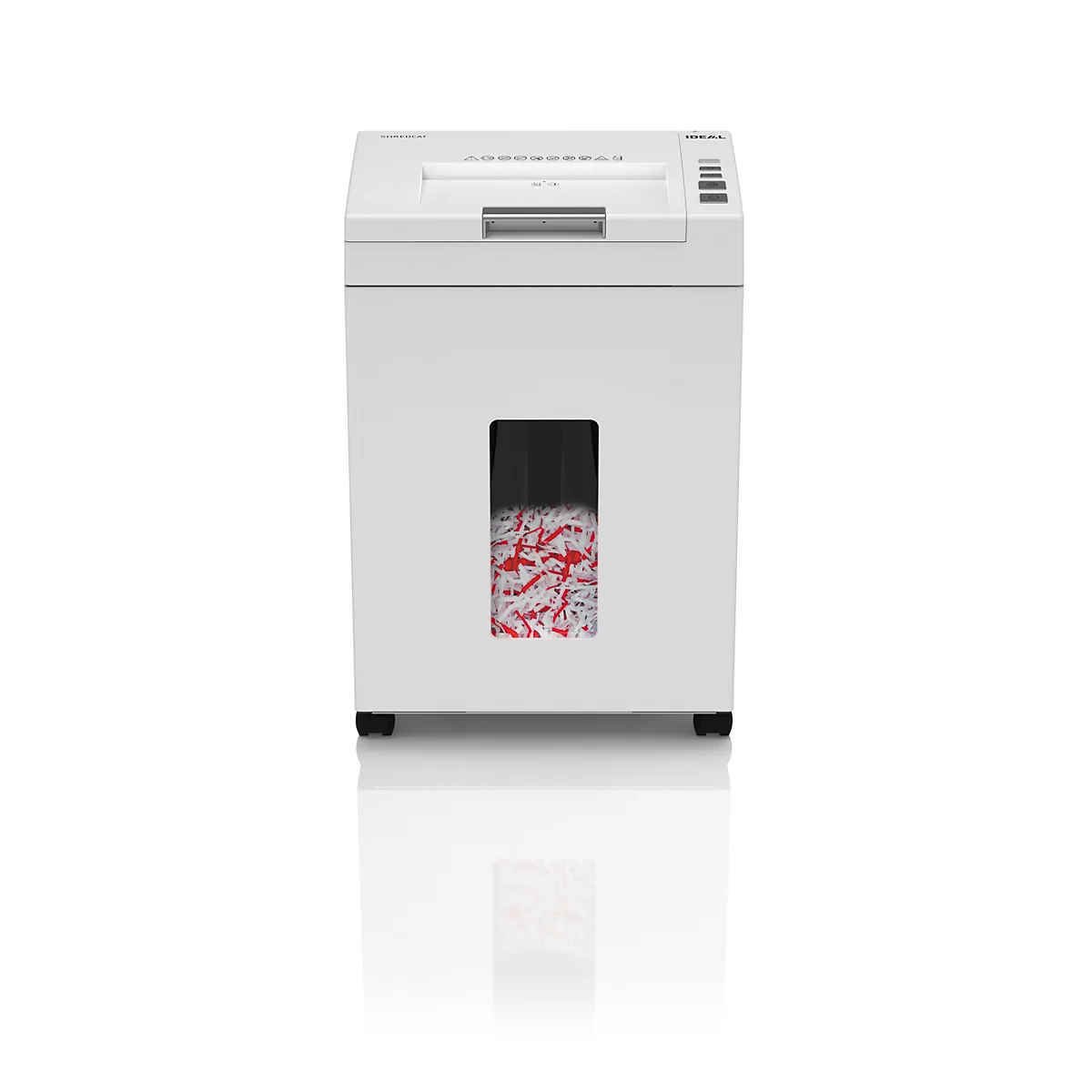 Weißer Aktenvernichter, der Papier schreddert. Ein Fenster zeigt geschreddertes Papier mit roten Streifen.